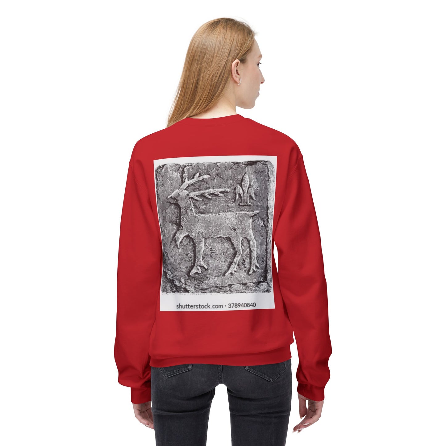 Vintage-Inspired Fleece Crewneck Sweatshirt with Ancient Deer Design