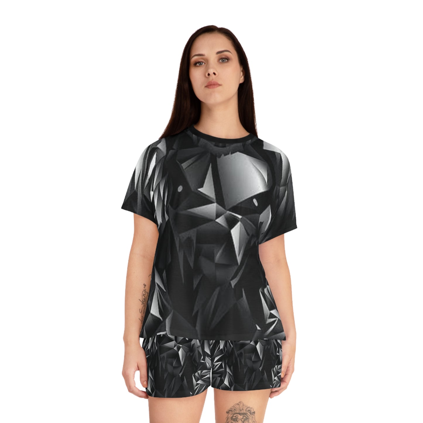 Stylish Black Geometric Women's Pajama Set | Short Sleeves & Shorts | Cozy Sleepwear