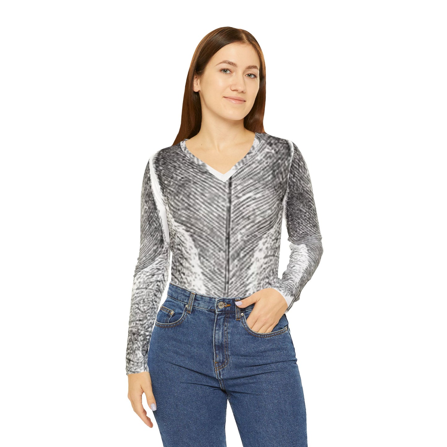 Elegant Women's Long Sleeve V-Neck Shirt with Artistic Feather Design