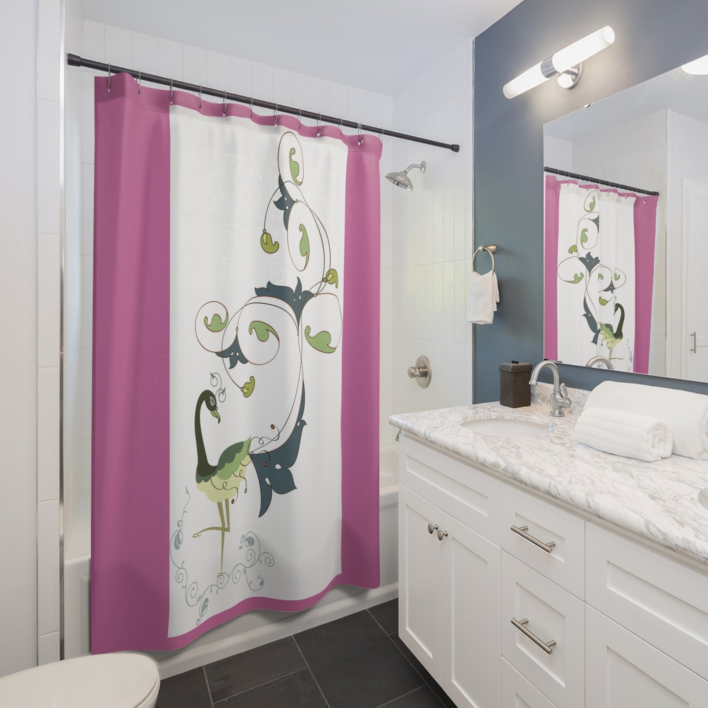 Elegant Green Flamingo Shower Curtain - Nature-Inspired Bathroom Decor
