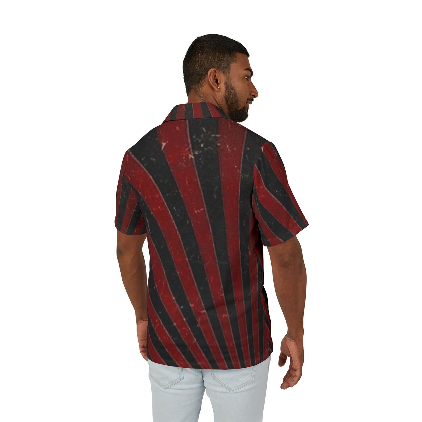 Men's Hawaiian Camp Shirt - Bold Red and Black Striped Design