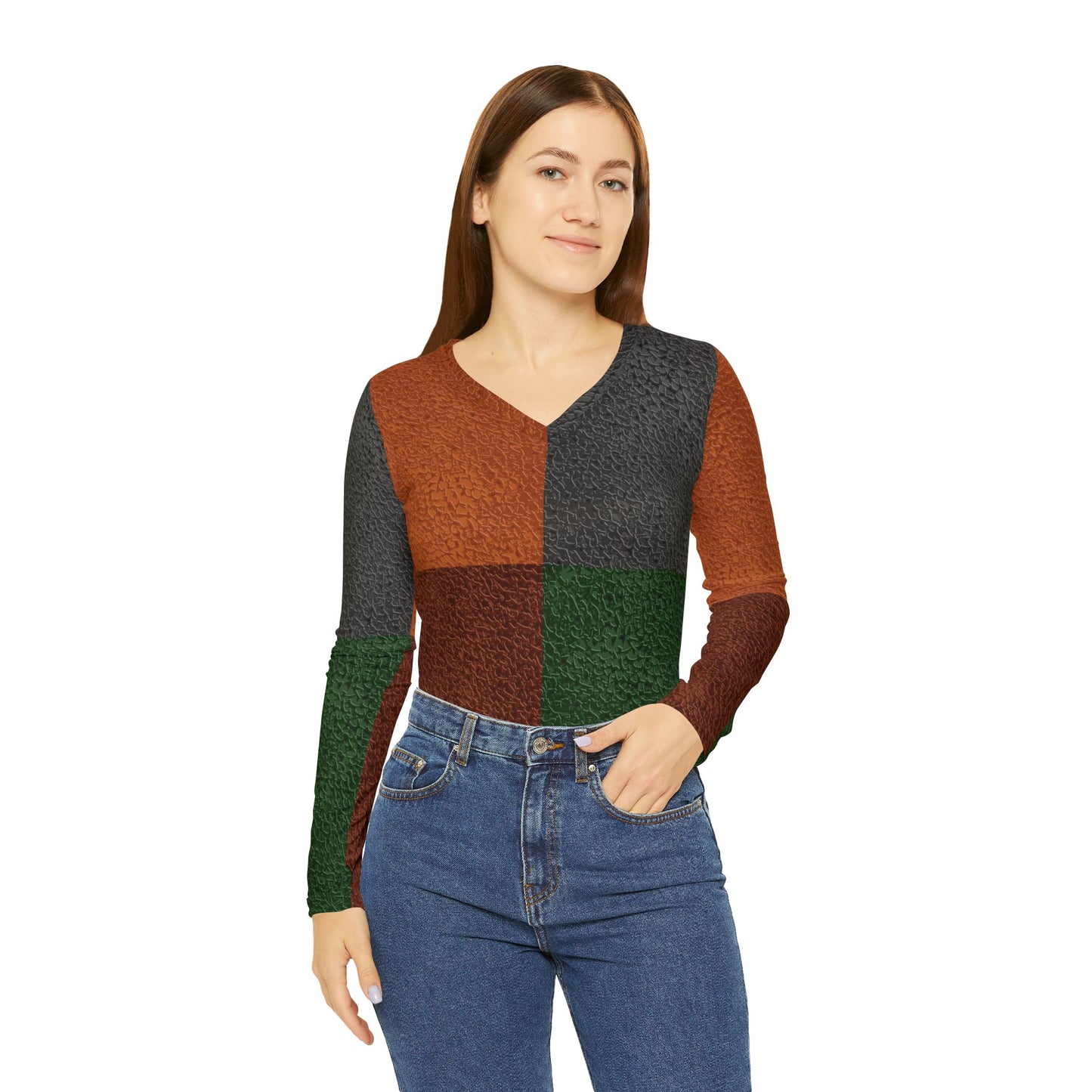 Chic Women's Long Sleeve V-Neck Top - Earth Tones Casual Wear