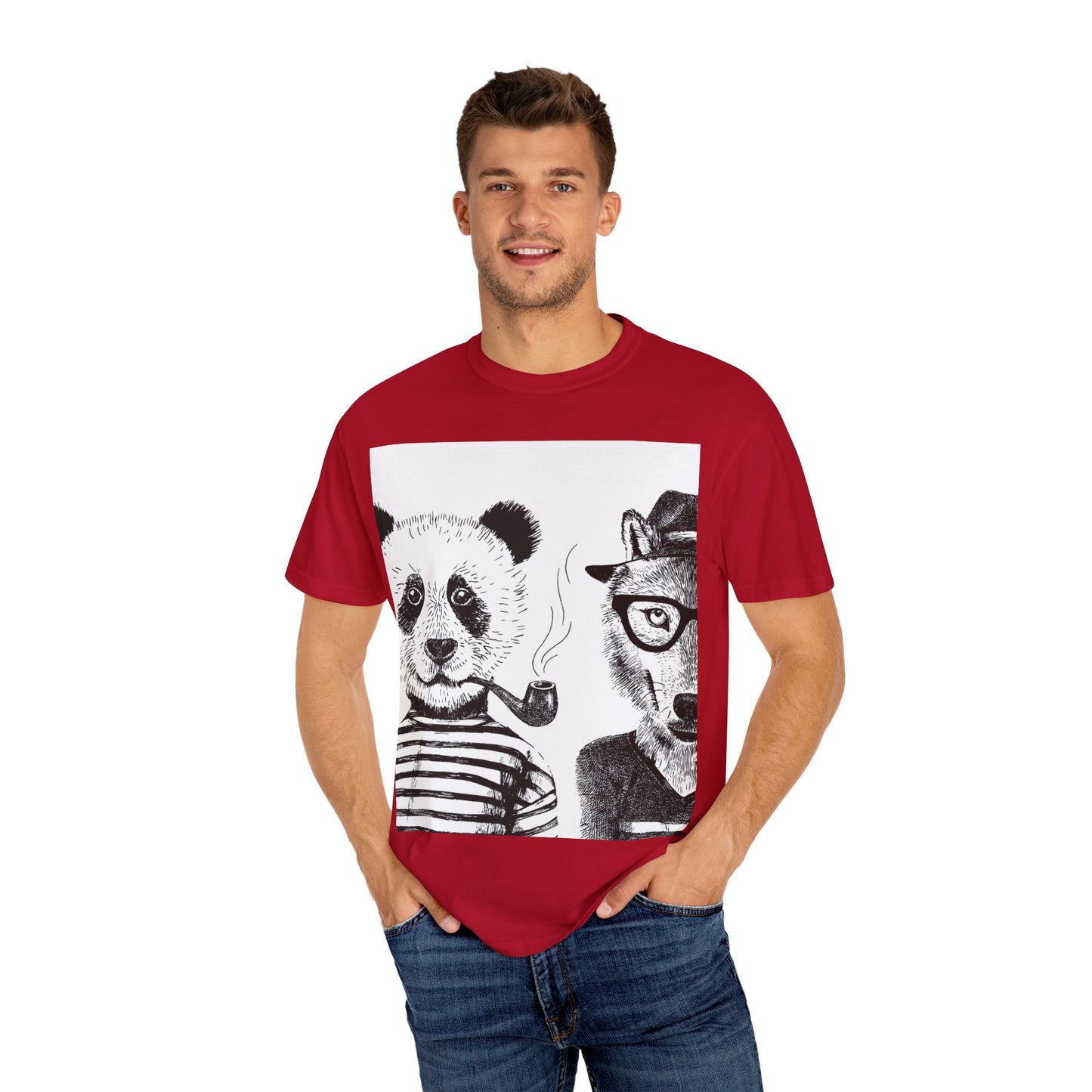 Whimsical Animal Friends T-Shirt - Stylish Panda & Wolf Design