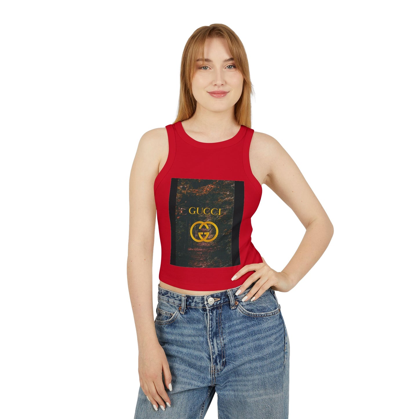 Trendy Women's Micro Rib Racer Tank Top with GUCCI Graphic - Casual Chic Style for Everyday Wear