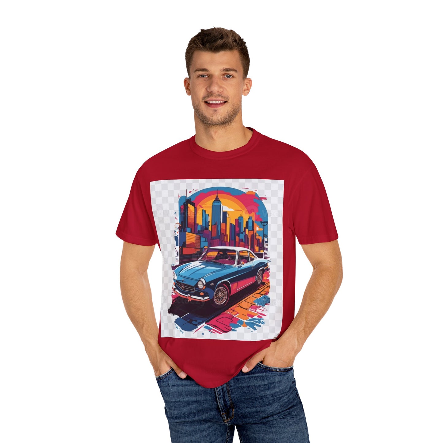Retro Car Graphic Unisex T-Shirt - Colorful Cityscape Design