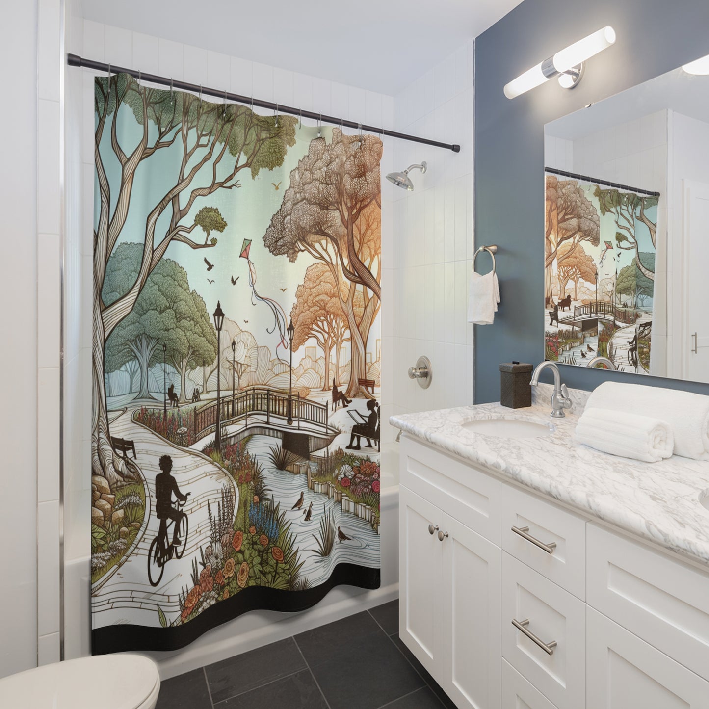 Nature Pathway Shower Curtain - Scenic Park View with Kites and Trees