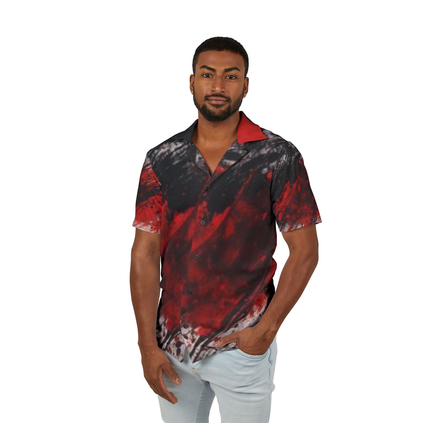 Men's Hawaiian Camp Shirt - Bold Red Abstract Design