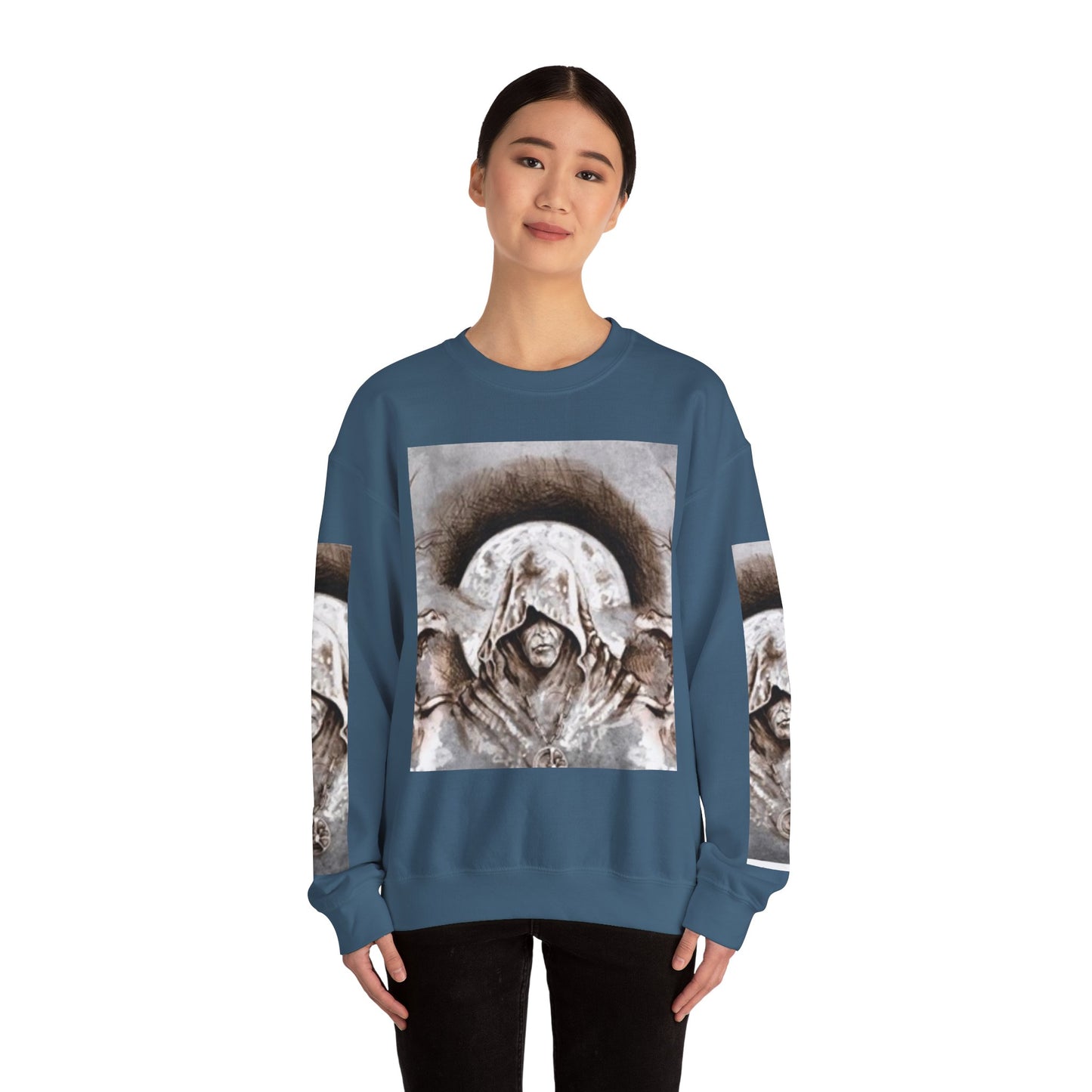 Mystical Hooded Figure Unisex Crewneck Sweatshirt - Fantasy Apparel for Dreamers