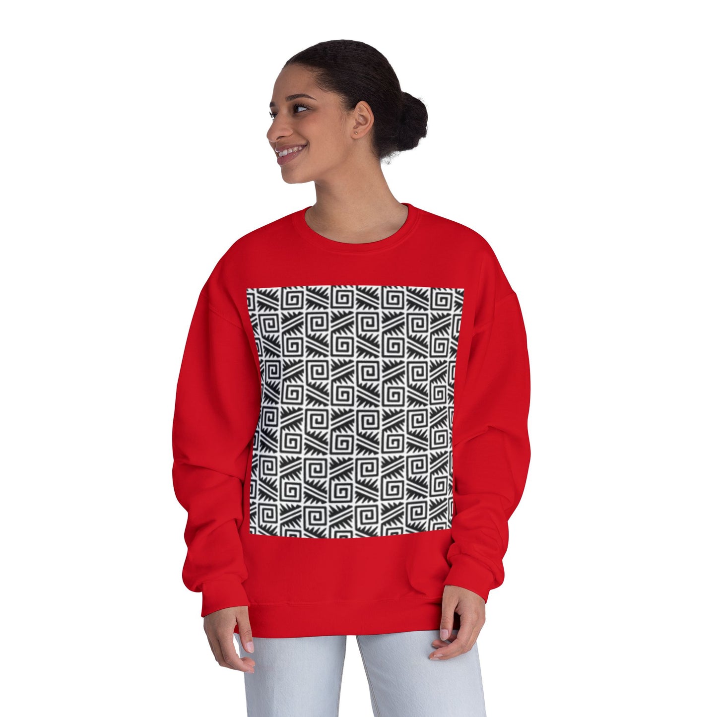 Geometric Pattern Unisex Crewneck Sweatshirt - Cozy Black & White Style