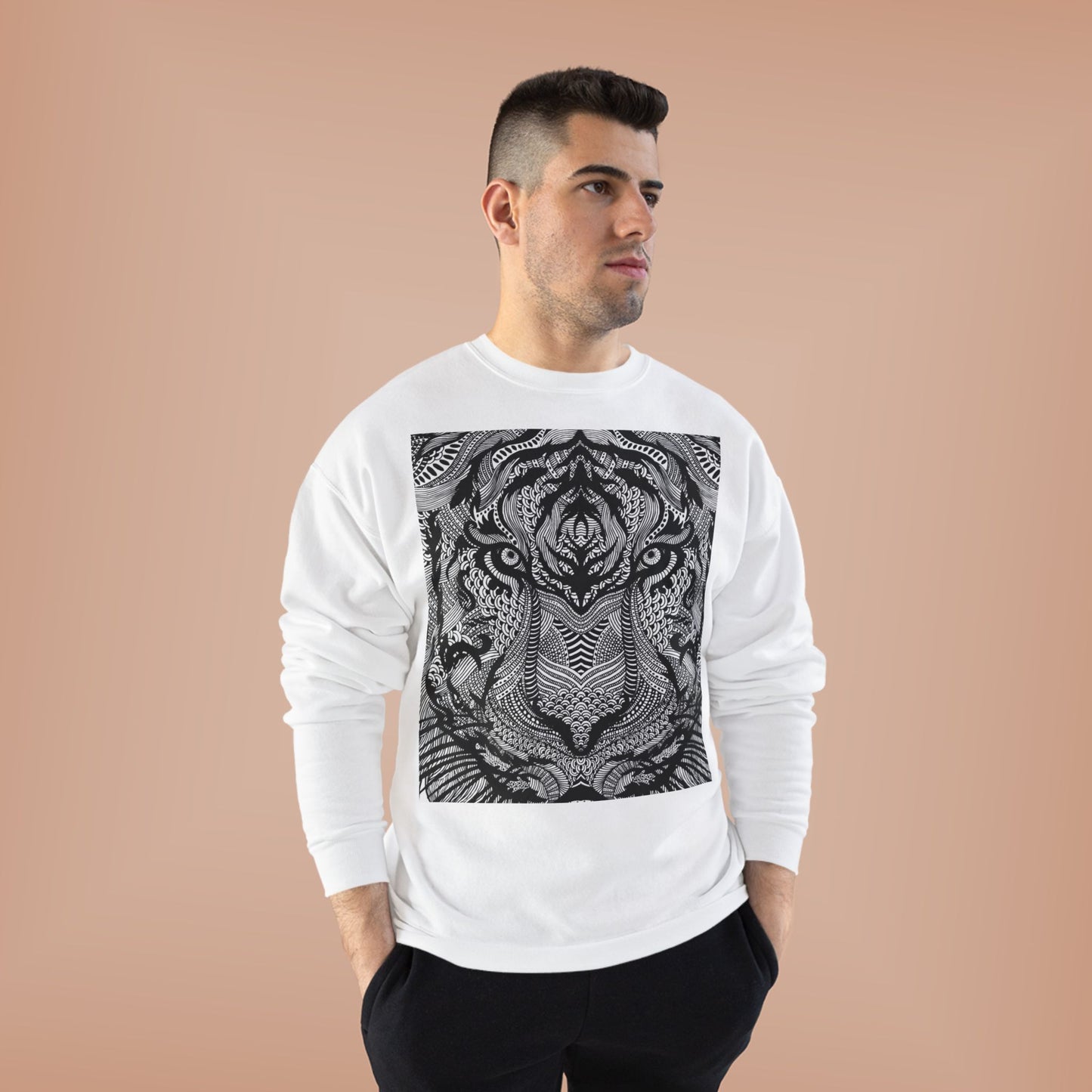 Unisex EcoSmart Tiger Graphic Crewneck Sweatshirt - Bold Black & White Design