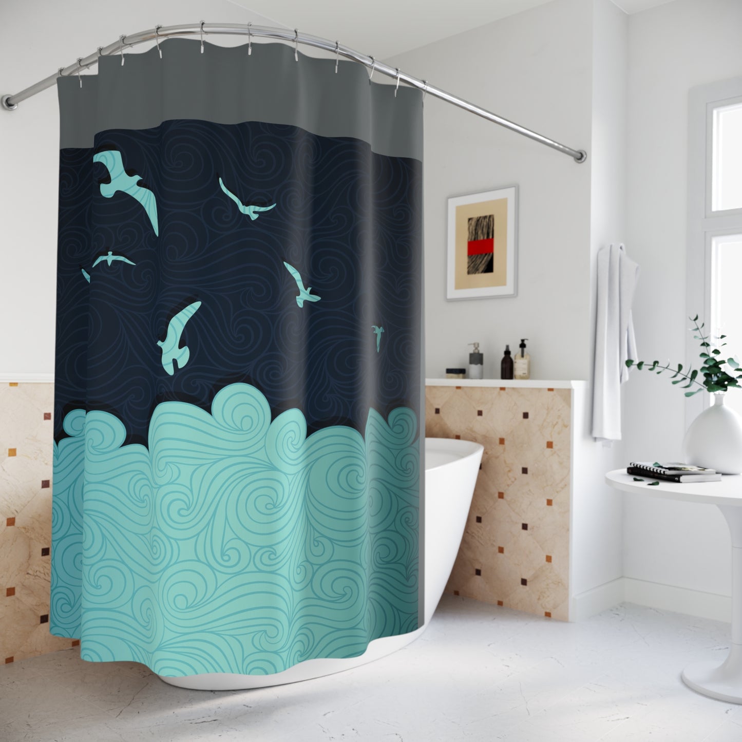 Ocean Breeze Shower Curtain - Coastal Home Decor with Waves and Birds