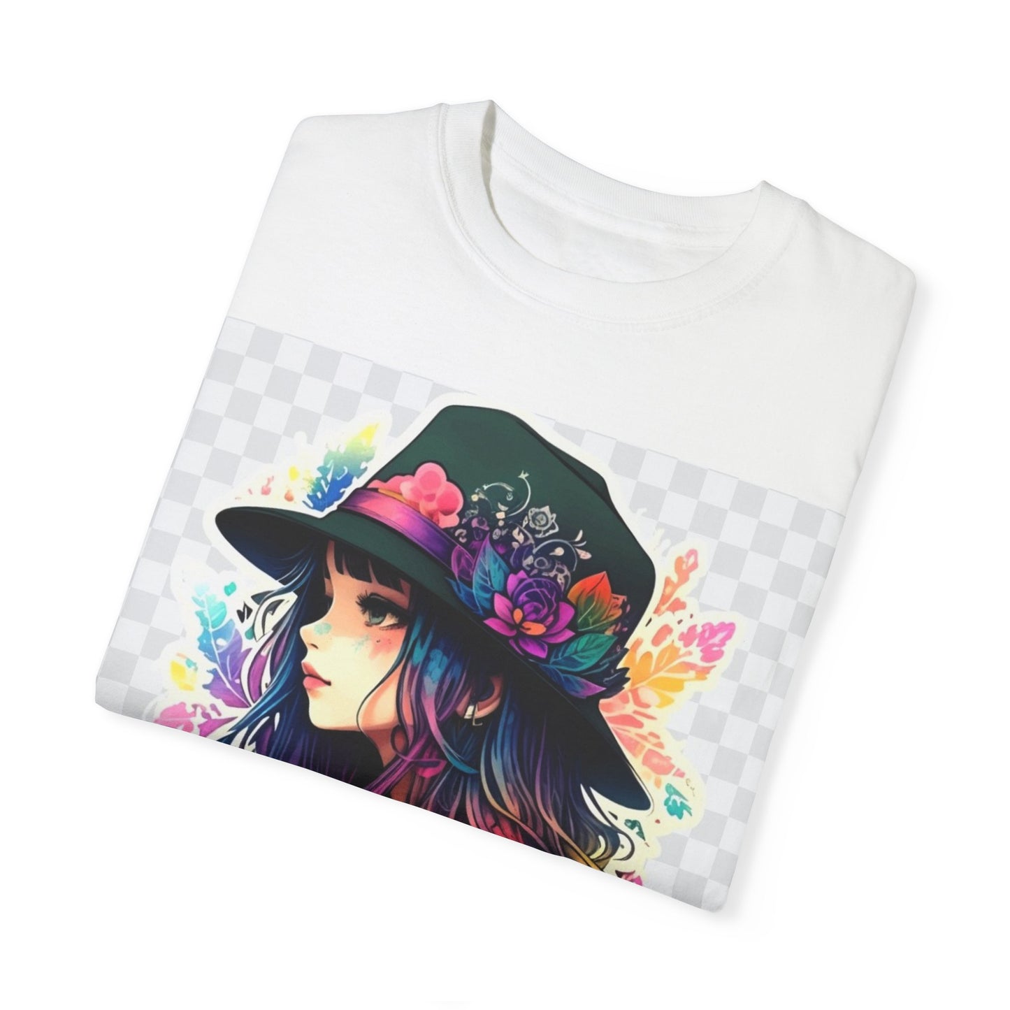 Vibrant Bohemian T-Shirt with Colorful Tattooed Girl Design