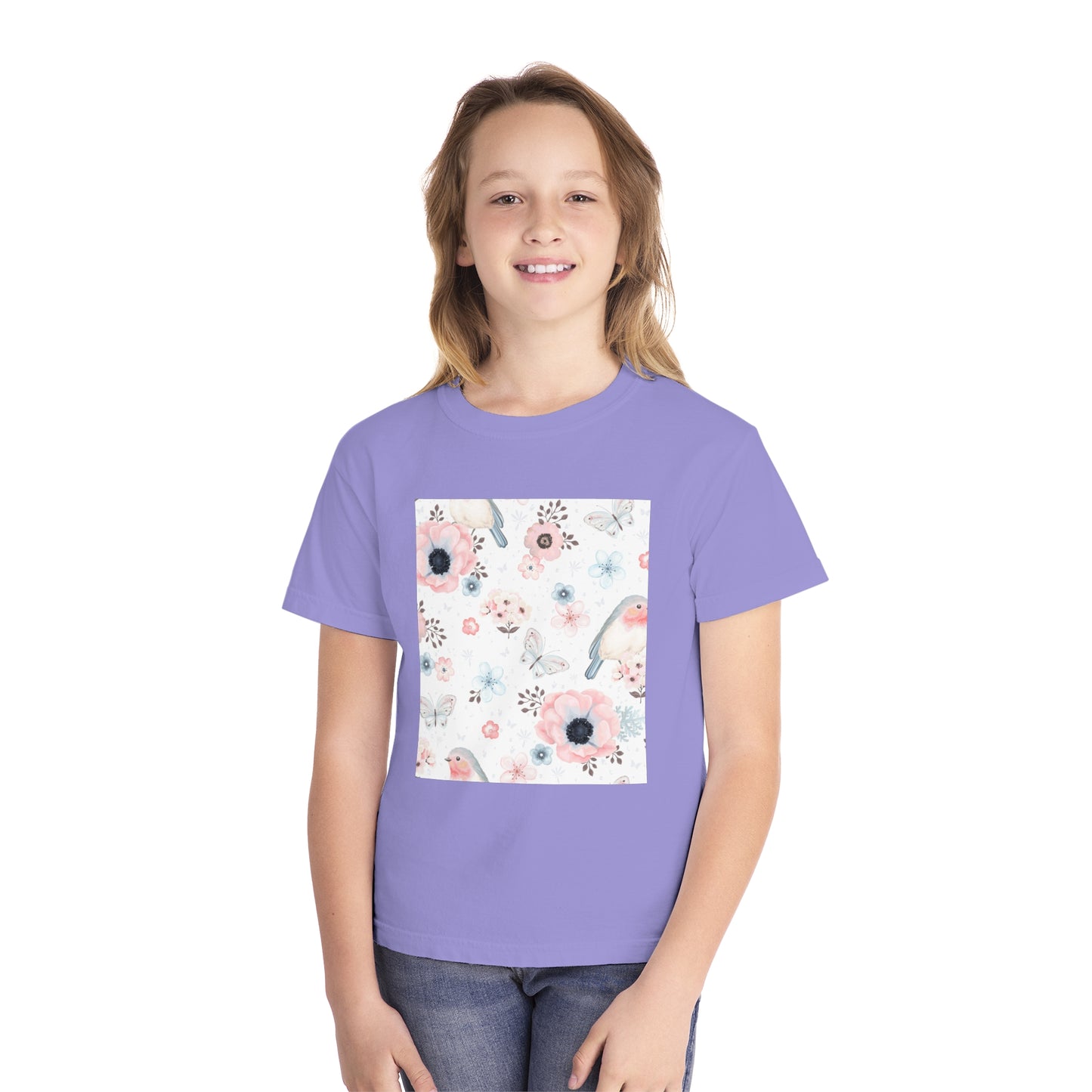 Floral Bird Youth Tee - Soft Midweight T-Shirt for Nature Lovers