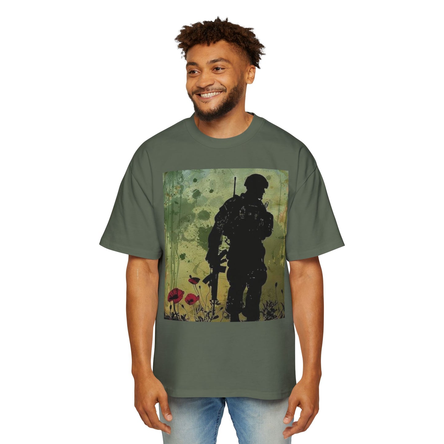 Soldier Silhouette Oversized Tee - Men's Heavy T-Shirt for Veterans and Military Enthusiasts