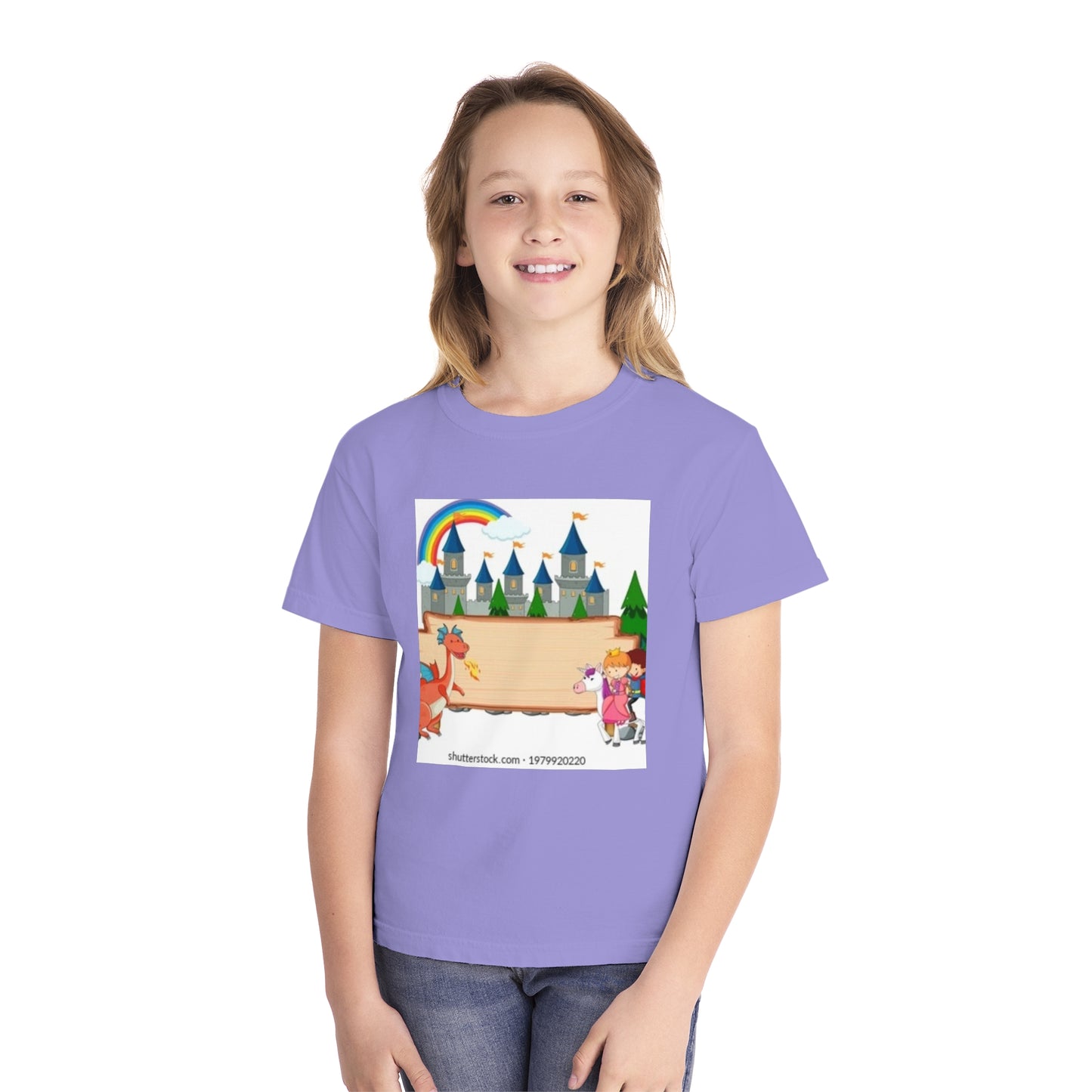 Youth Fantasy Castle Tee - Colorful Dragon & Rainbow Design