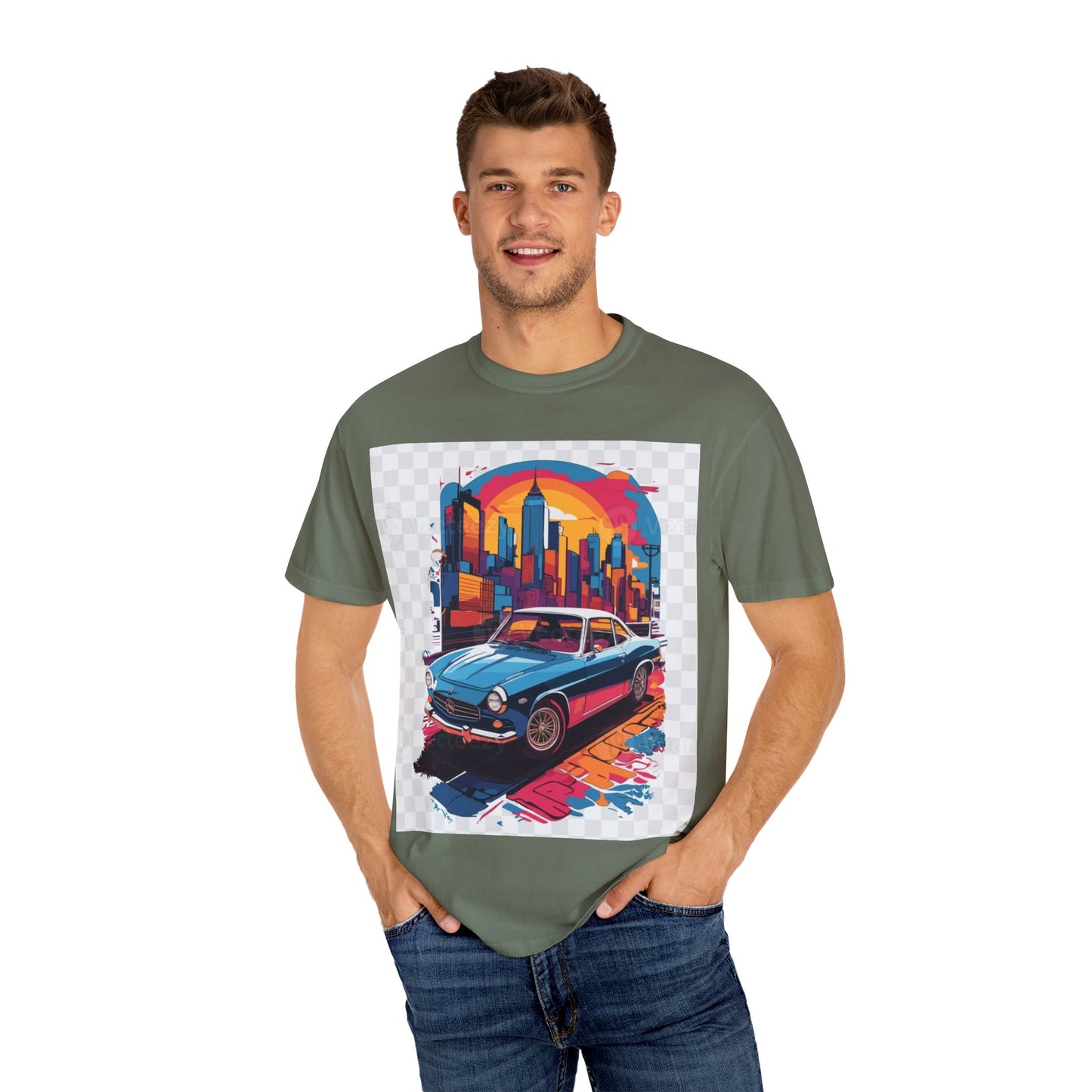 Retro Car Graphic Unisex T-Shirt - Colorful Cityscape Design