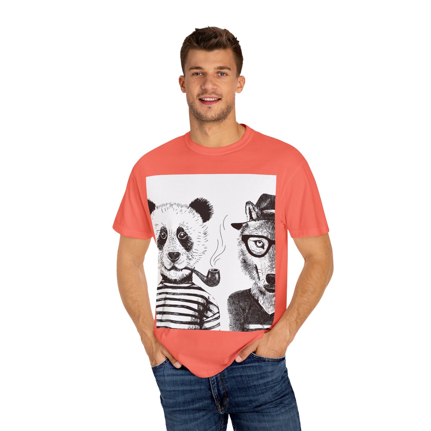 Whimsical Animal Friends T-Shirt - Stylish Panda & Wolf Design