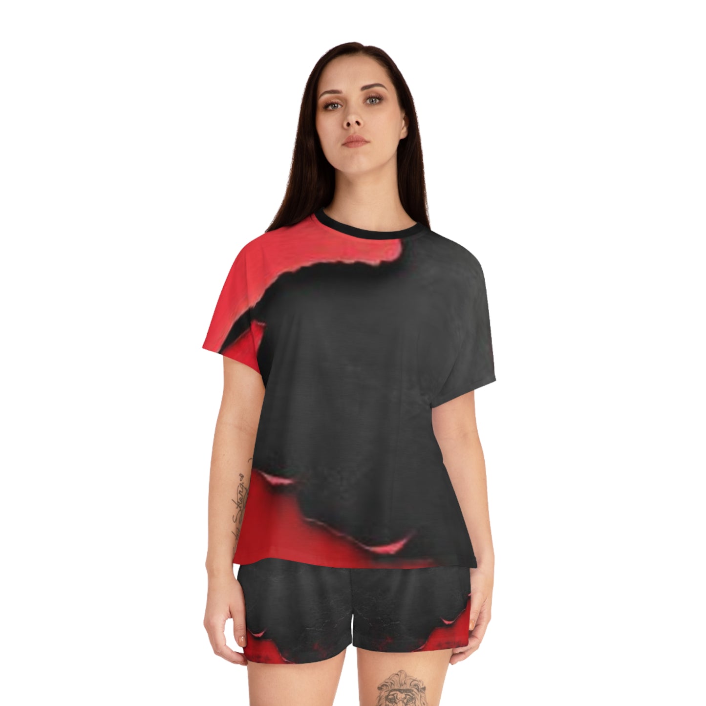 Women's Short Pajama Set - Edgy Black & Red Design for Cozy Nights