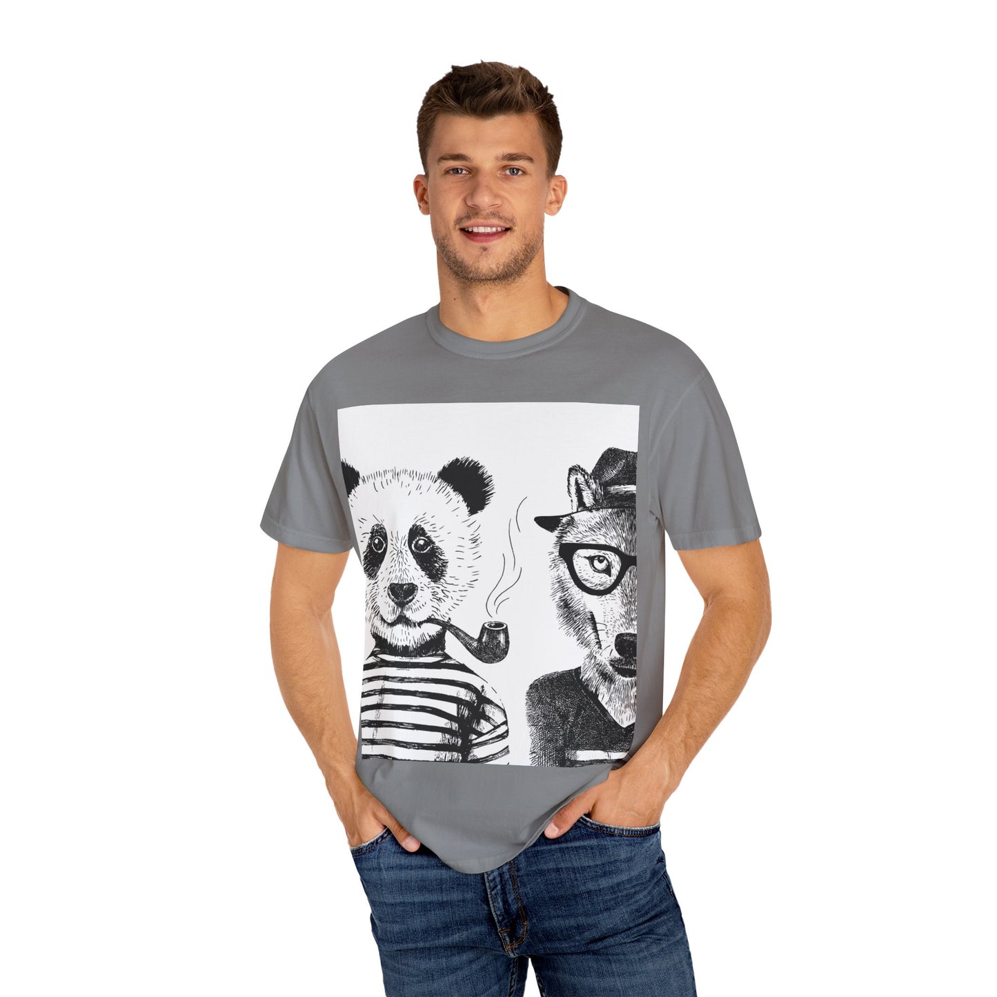 Whimsical Animal Friends T-Shirt - Stylish Panda & Wolf Design