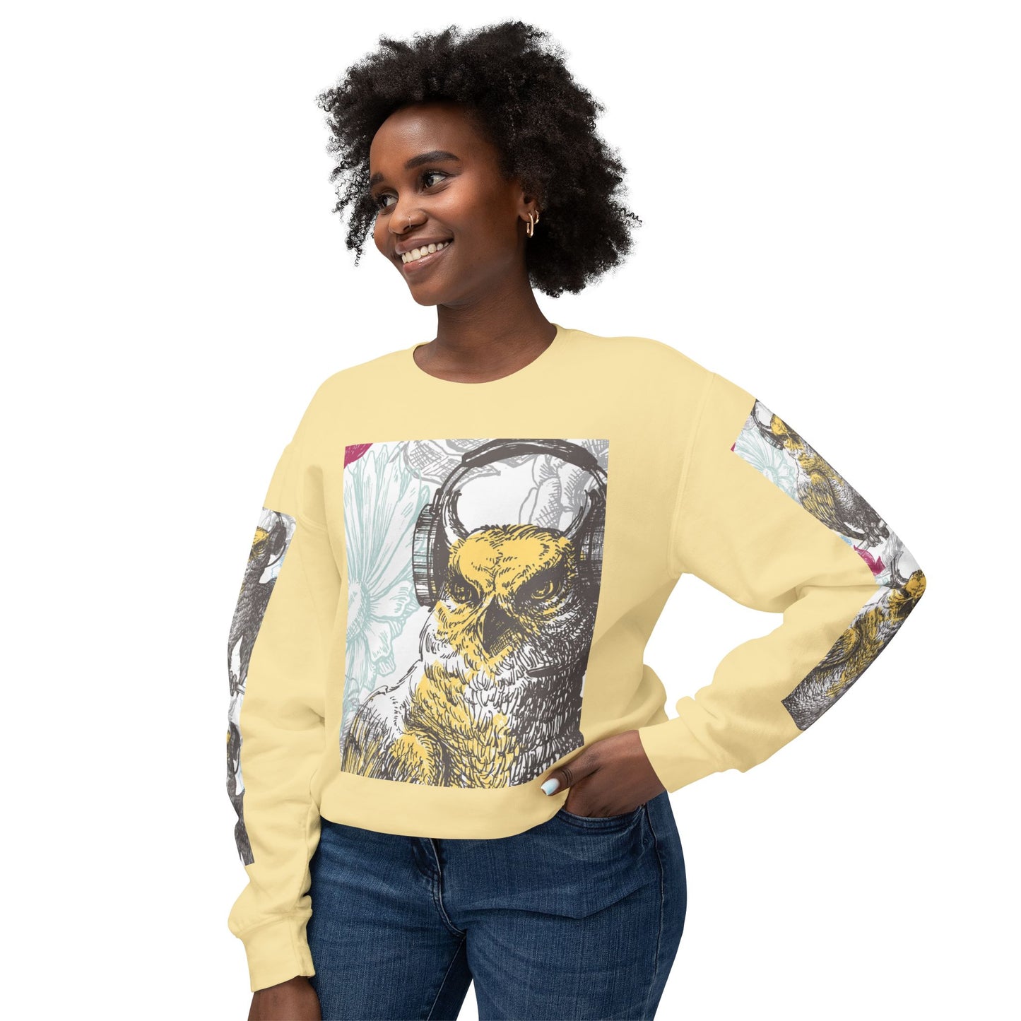 Music Lover's Owl Graphic Crewneck Sweatshirt - Unisex Lightweight Design