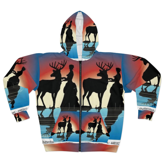 Elegant Reindeer Silhouette Unisex Zip Hoodie - Cozy Nature-Inspired Apparel for Winter Celebrations