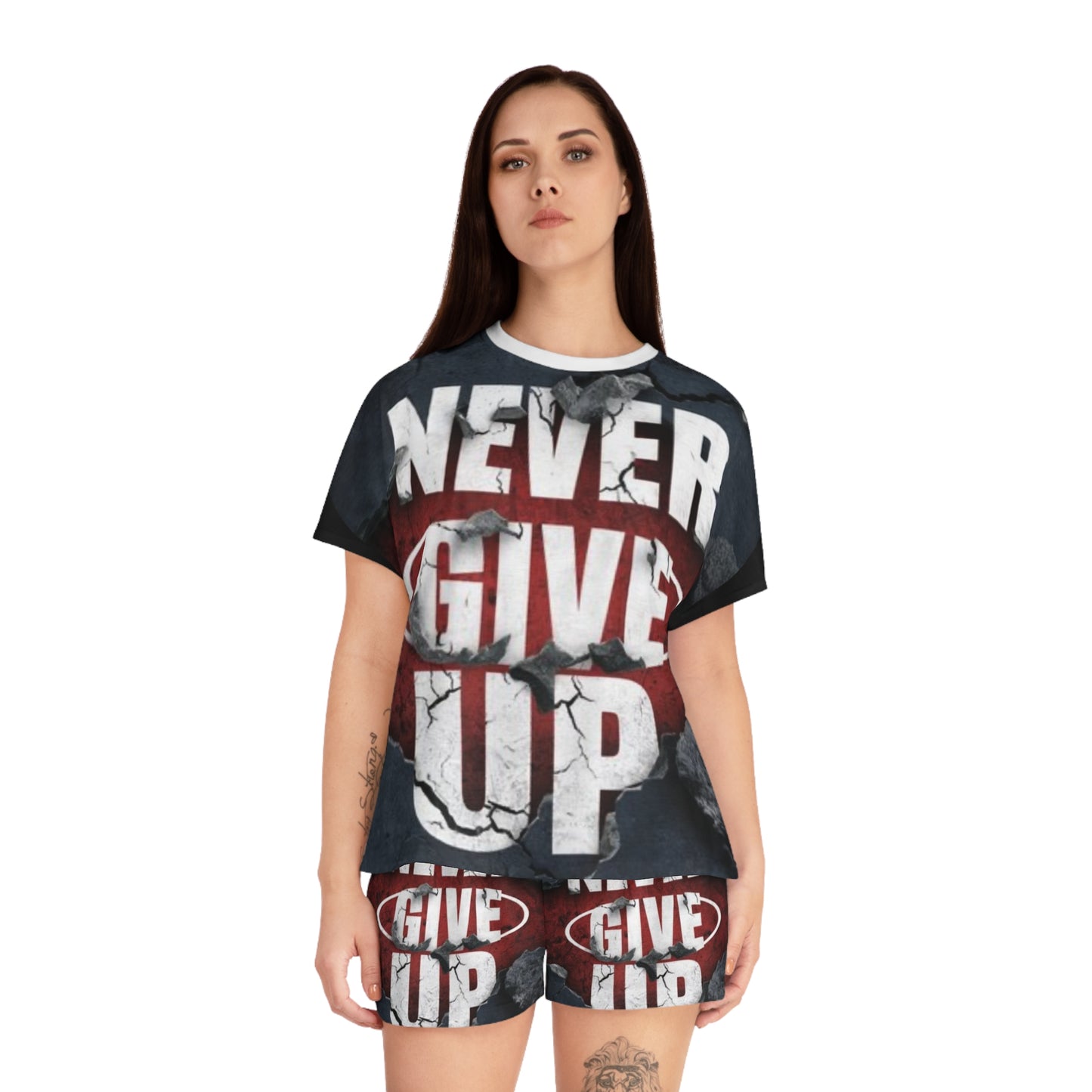 Motivational Women's Pajama Set - 'Never Give Up' Short PJs