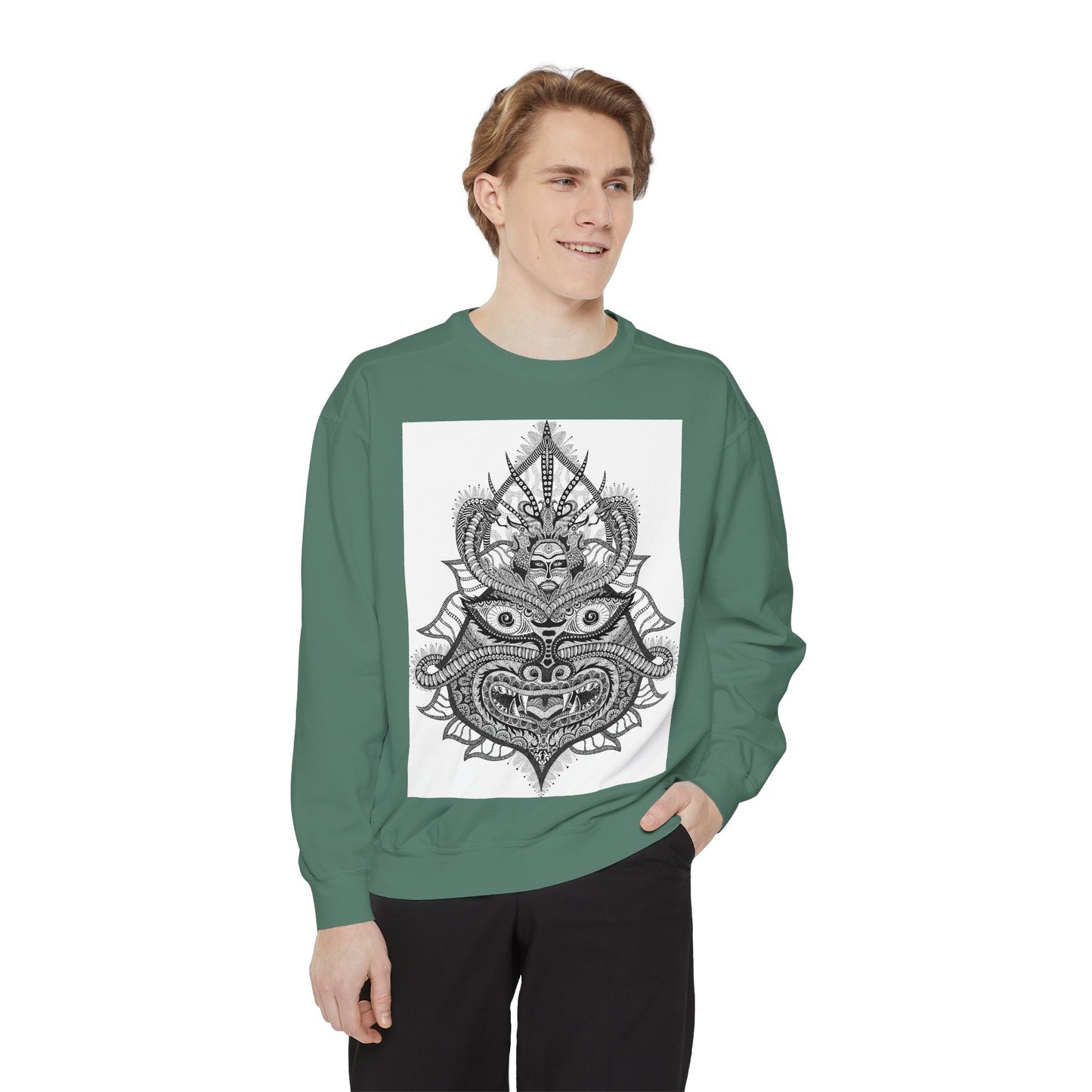Unique Unisex Garment-Dyed Sweatshirt with Intricate Graphic Design