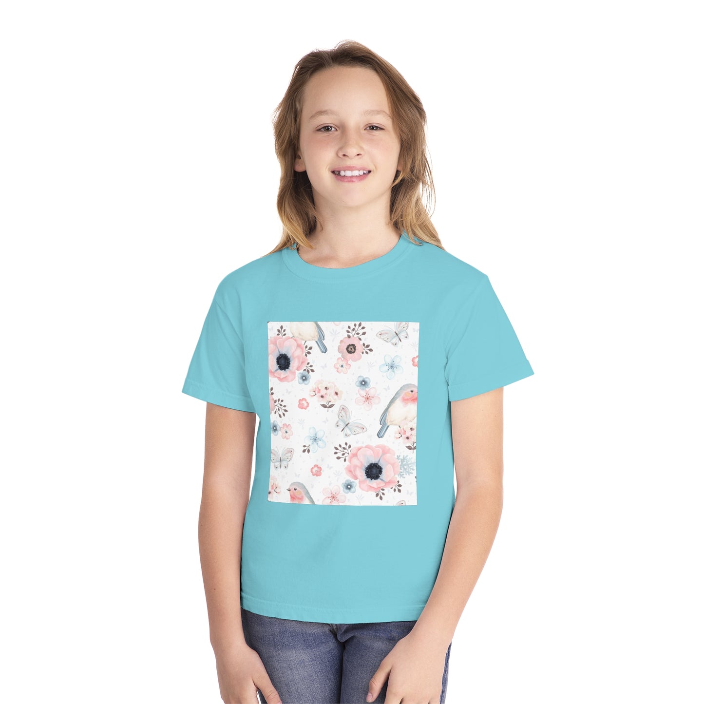 Floral Bird Youth Tee - Soft Midweight T-Shirt for Nature Lovers
