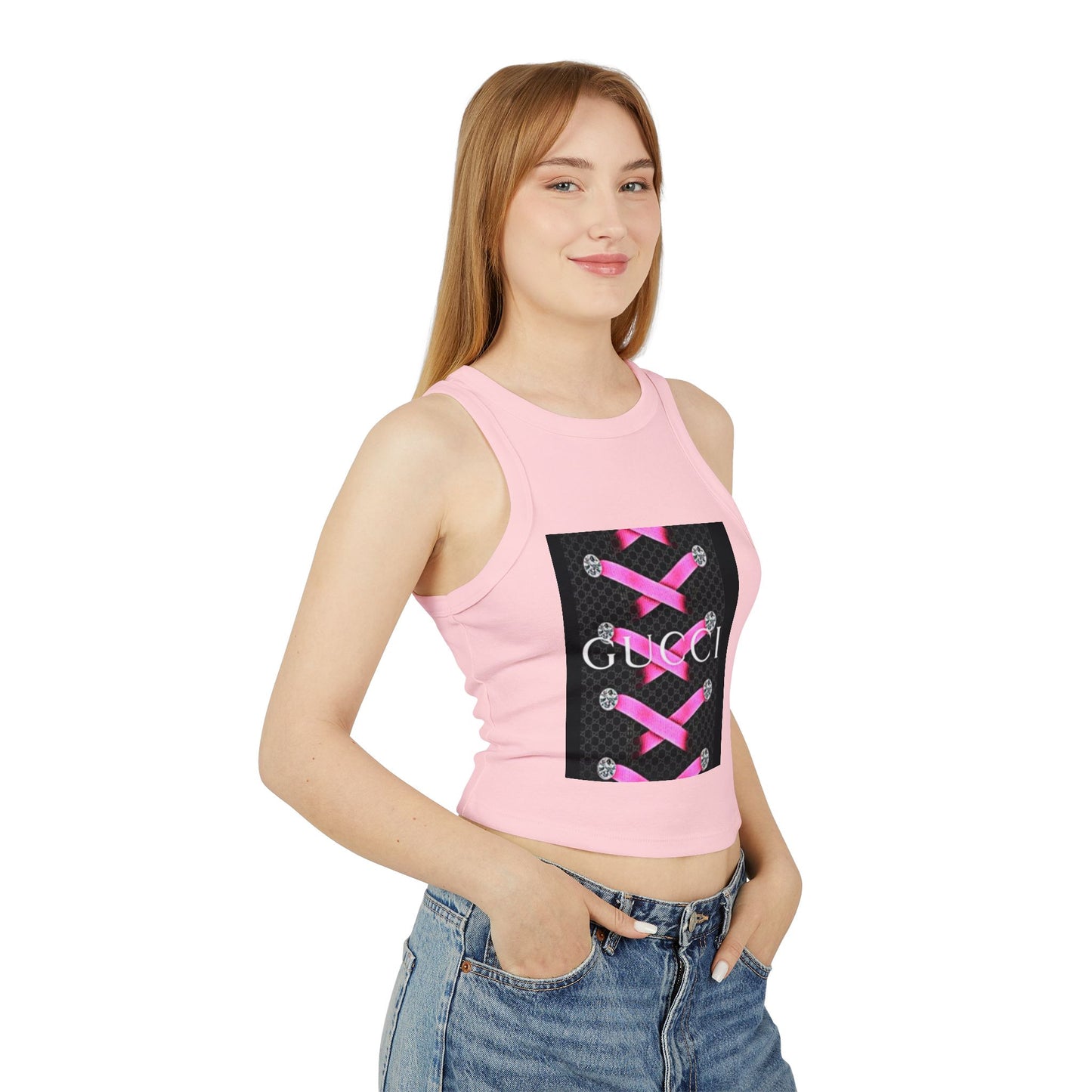 Stylish Women's Micro Rib Racer Tank Top with Pink Laces Design