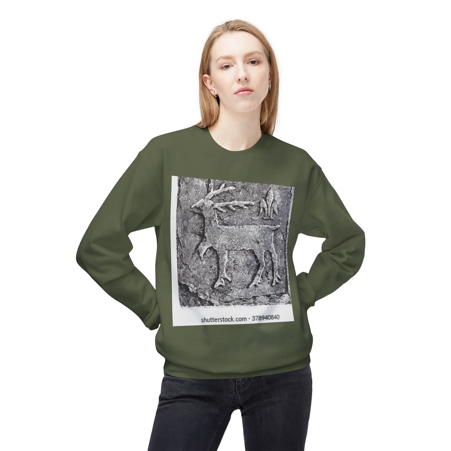 Vintage-Inspired Fleece Crewneck Sweatshirt with Ancient Deer Design