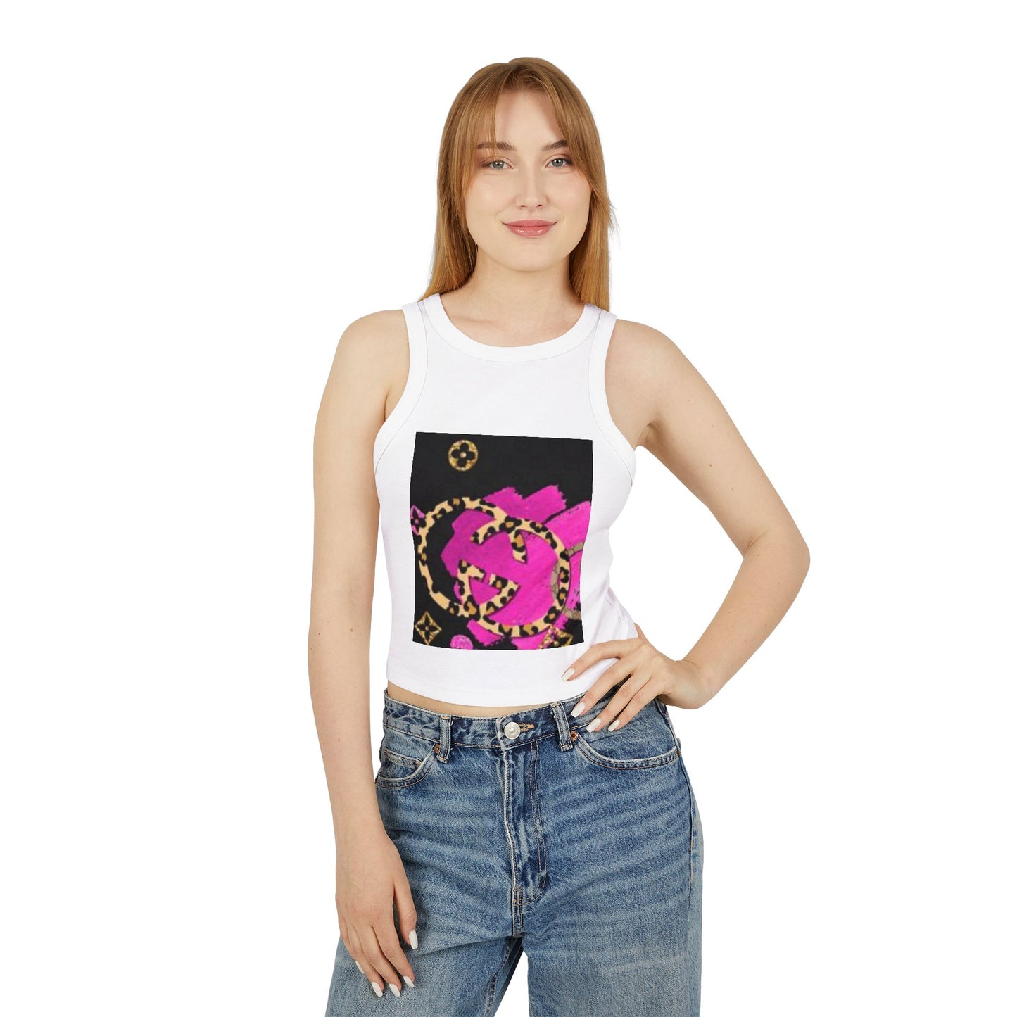 Chic Women's Micro Rib Racer Tank Top with Bold Graphic Print
