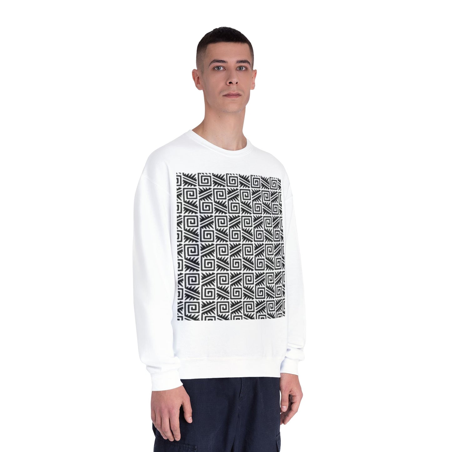 Geometric Pattern Unisex Crewneck Sweatshirt - Cozy Black & White Style