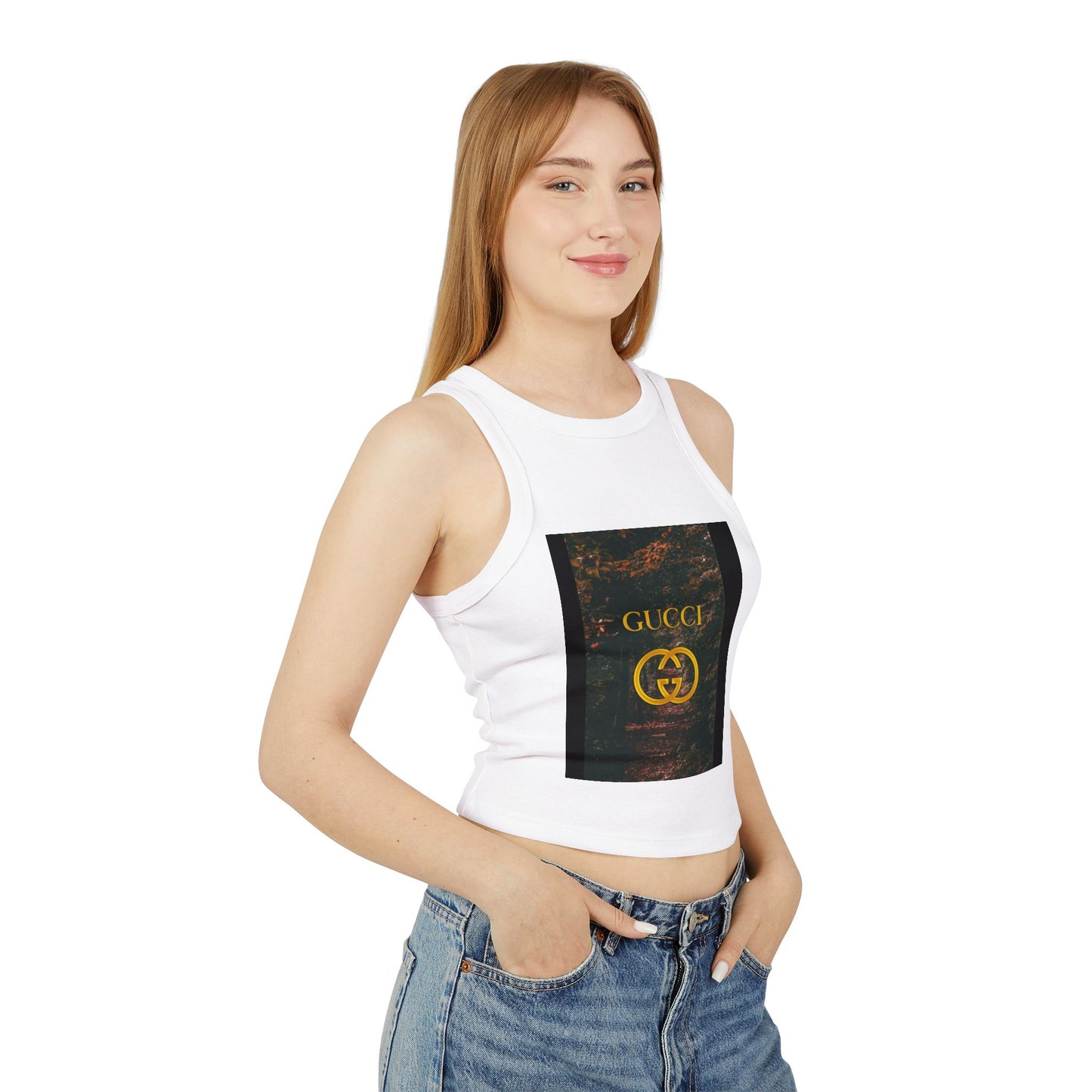 Trendy Women's Micro Rib Racer Tank Top with GUCCI Graphic - Casual Chic Style for Everyday Wear