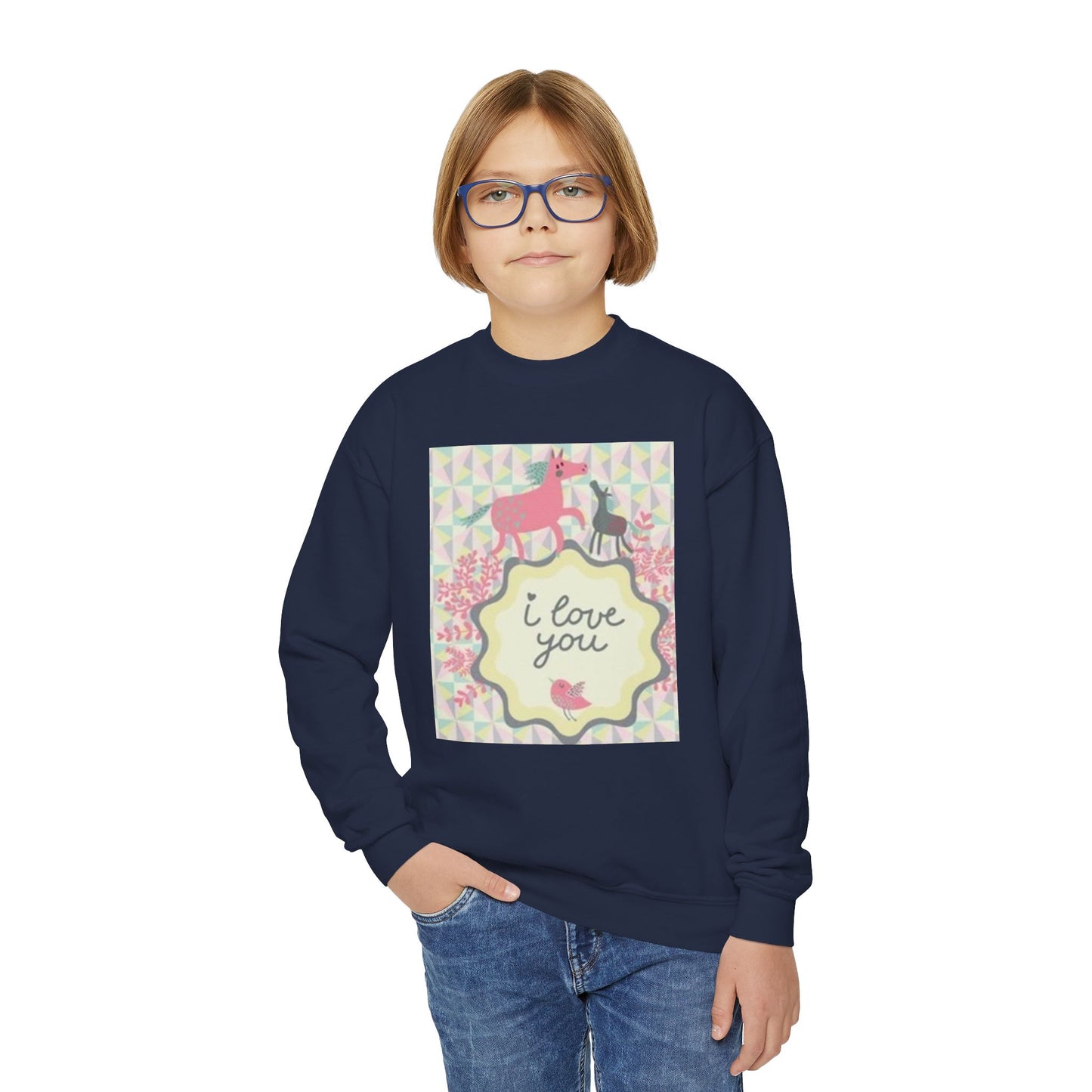 Youth Crewneck Sweatshirt with "I Love You" Unicorn Design