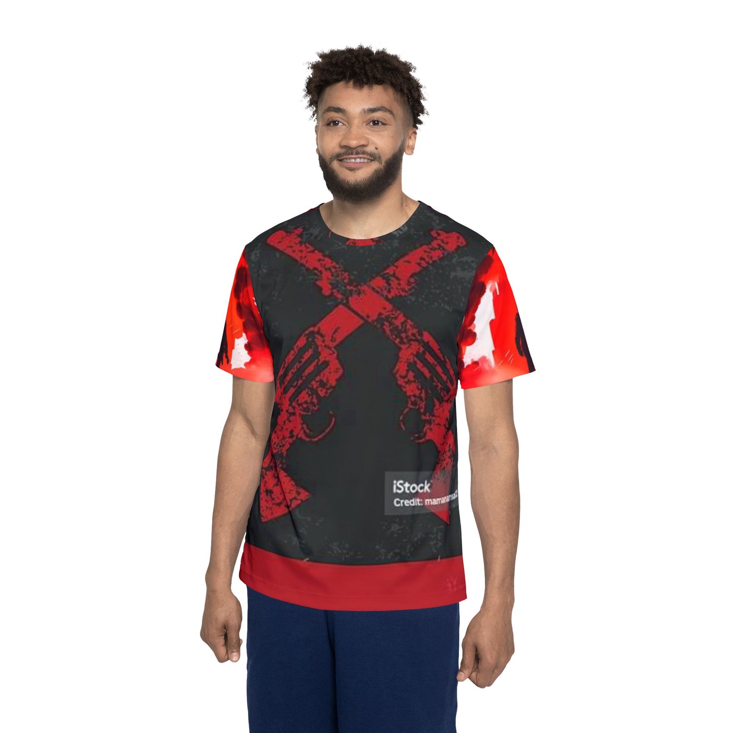Men's Graphic Sports Jersey - Bold Red Design with Crossed Guns & Silhouette