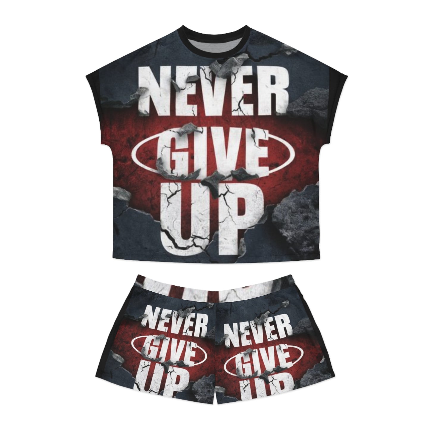 Motivational Women's Pajama Set - 'Never Give Up' Short PJs