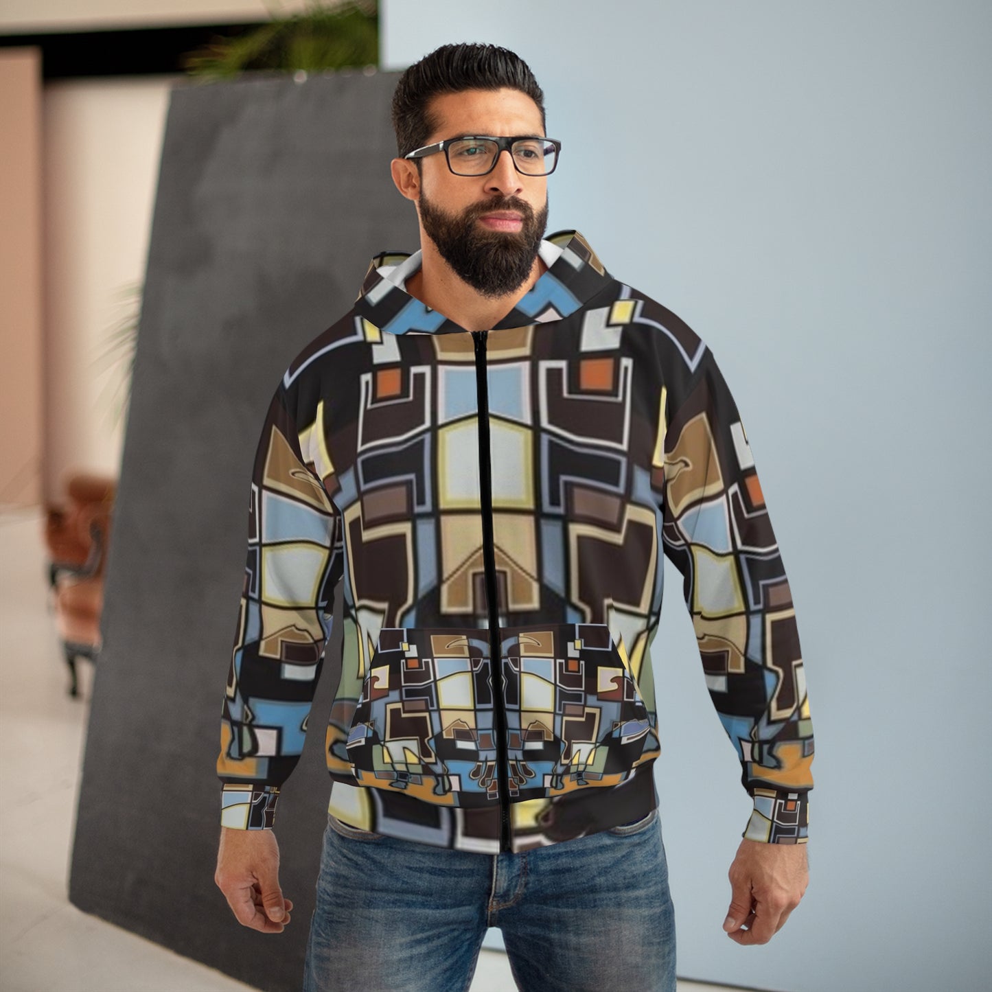 Artistic Unisex Zip Hoodie - Abstract Geometric Design