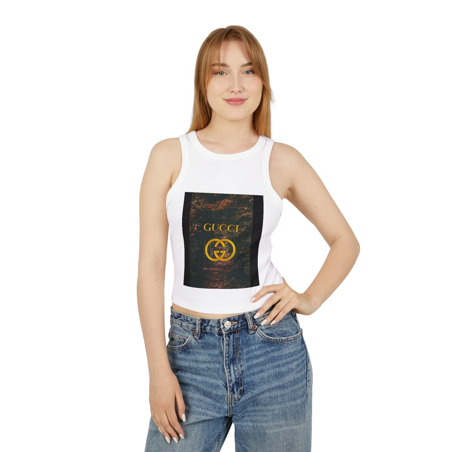 Trendy Women's Micro Rib Racer Tank Top with GUCCI Graphic - Casual Chic Style for Everyday Wear