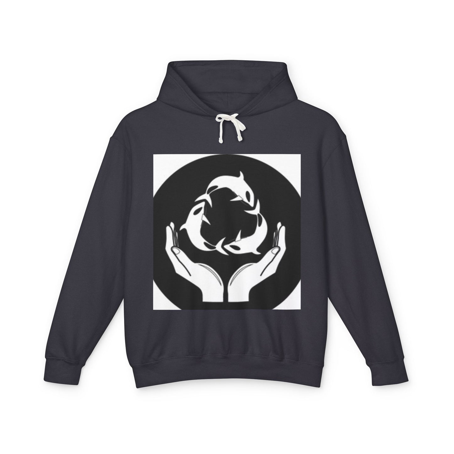 Eco-Friendly Unisex Lightweight Hooded Sweatshirt - Hands and Fish Design