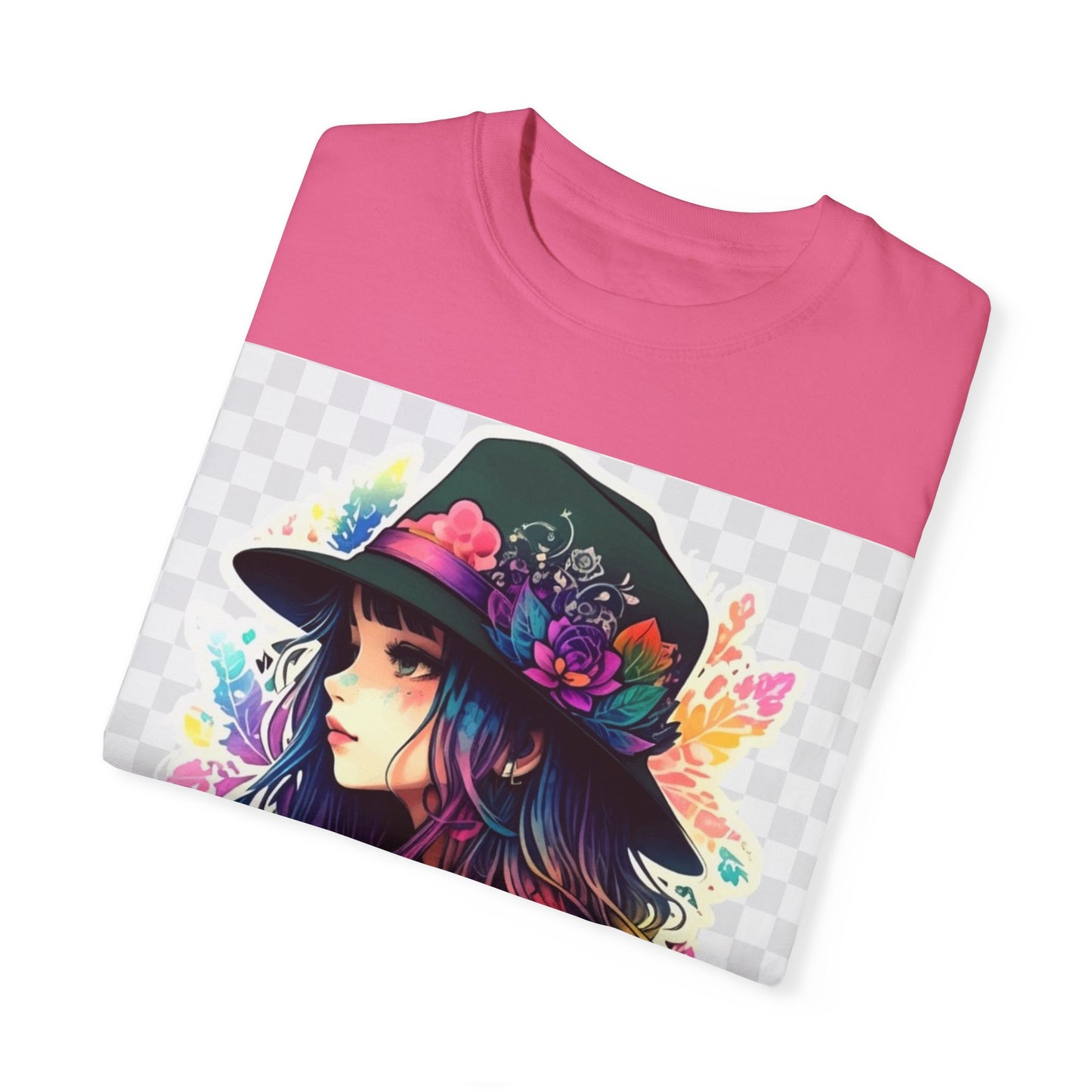 Vibrant Bohemian T-Shirt with Colorful Tattooed Girl Design