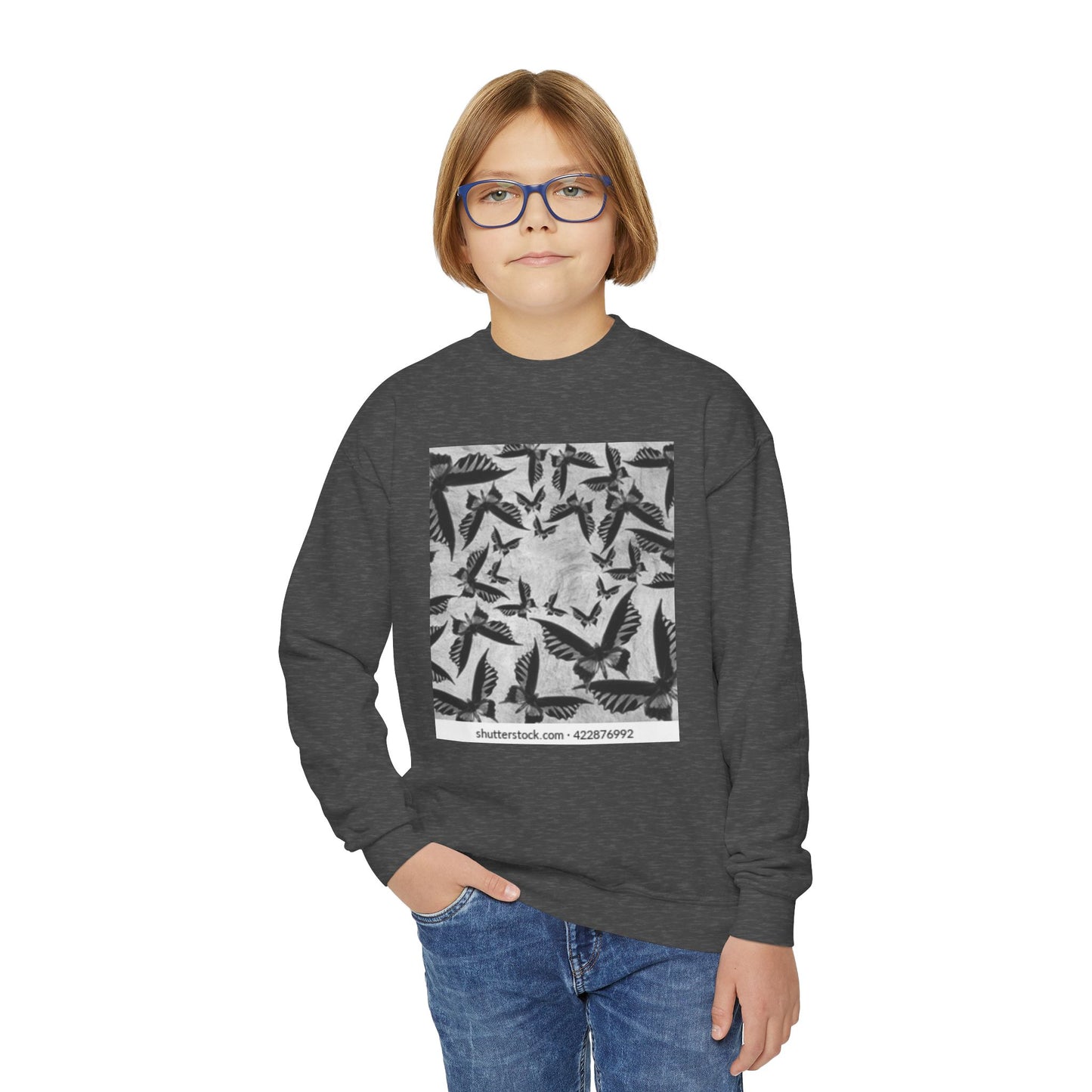 Youth Crewneck Sweatshirt - Stylish Black & White Bird Design