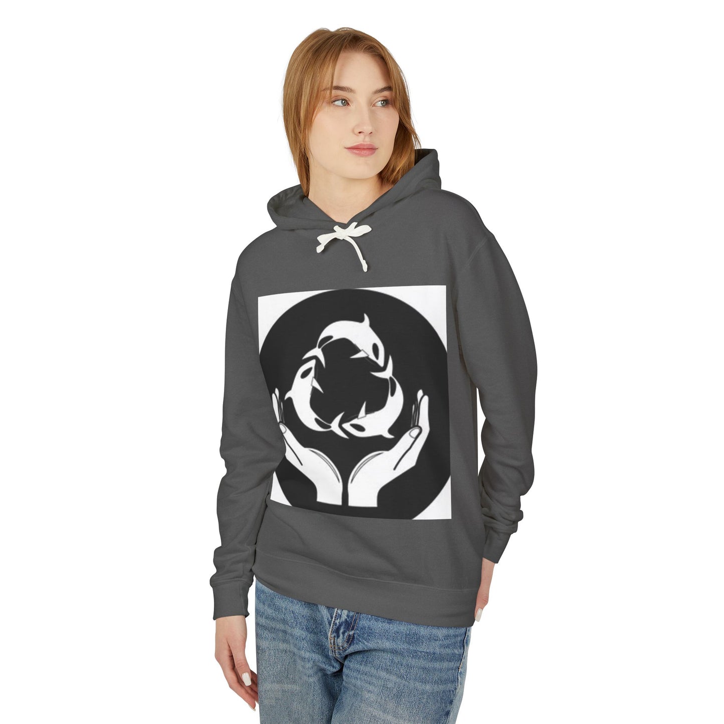 Eco-Friendly Unisex Lightweight Hooded Sweatshirt - Hands and Fish Design