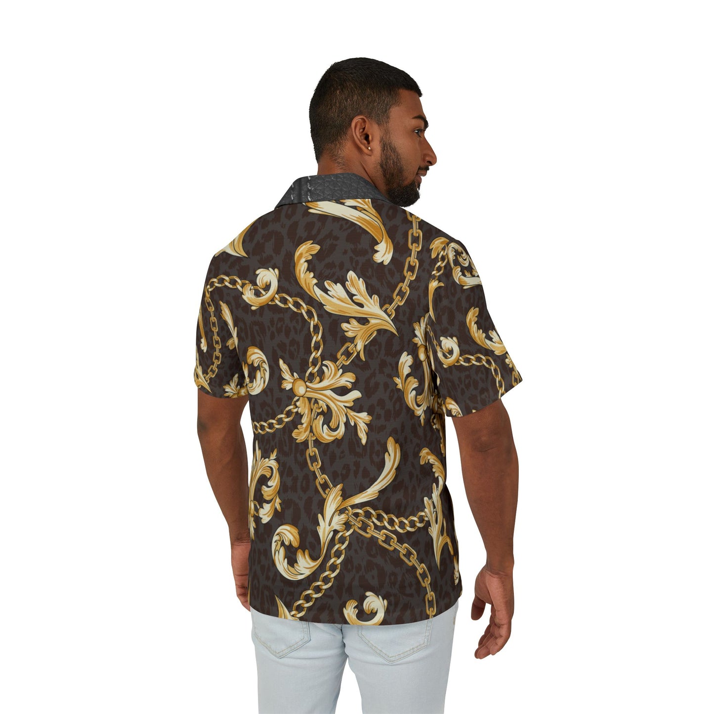Men's Luxurious Hawaiian Camp Shirt - Gold Chain Pattern for Summer Style