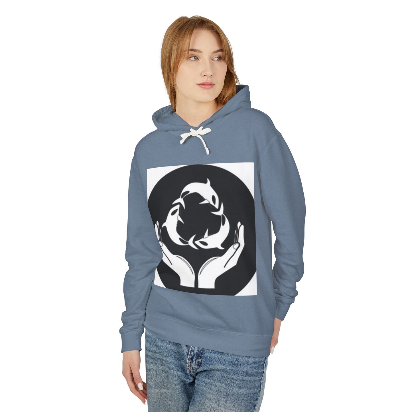 Eco-Friendly Unisex Lightweight Hooded Sweatshirt - Hands and Fish Design