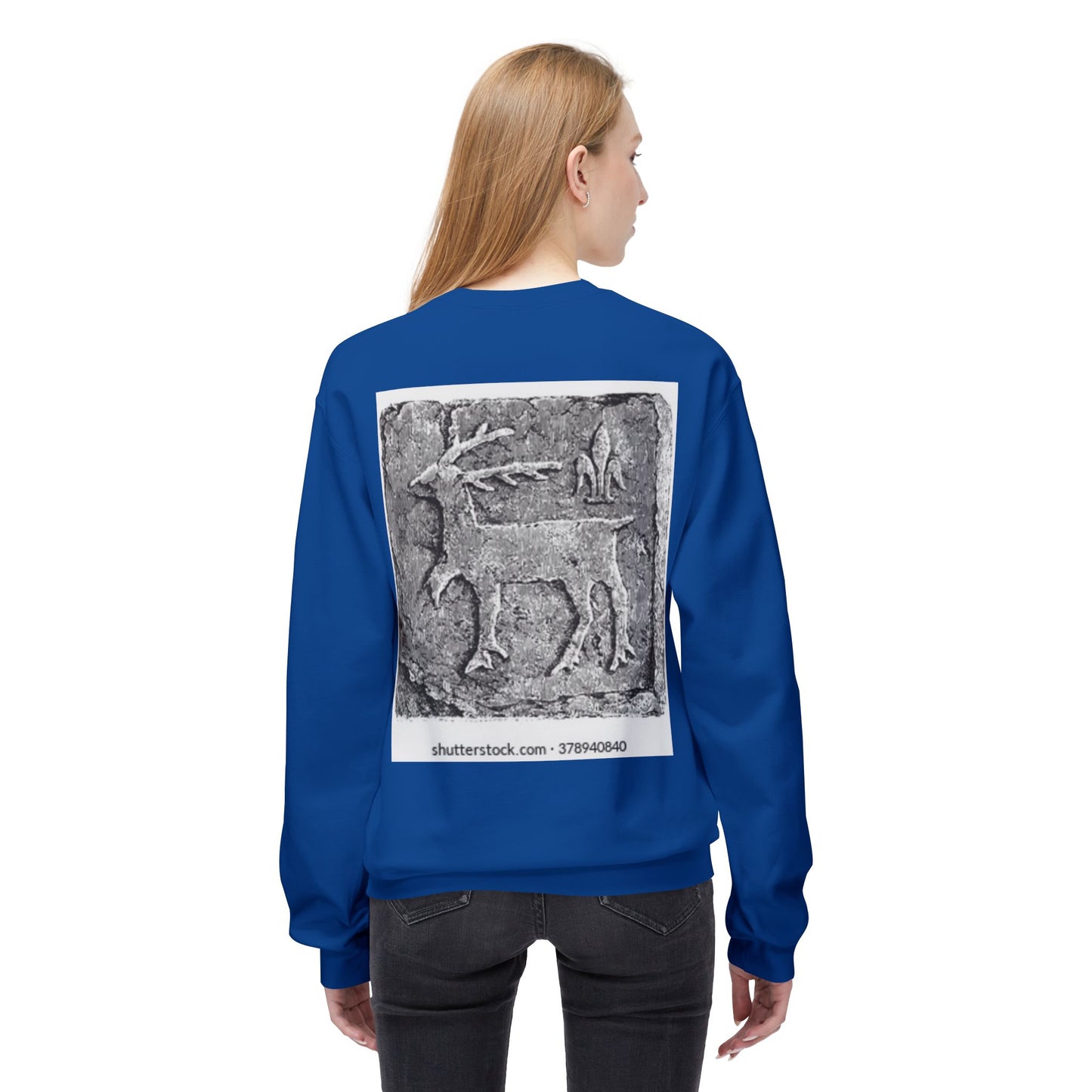 Vintage-Inspired Fleece Crewneck Sweatshirt with Ancient Deer Design