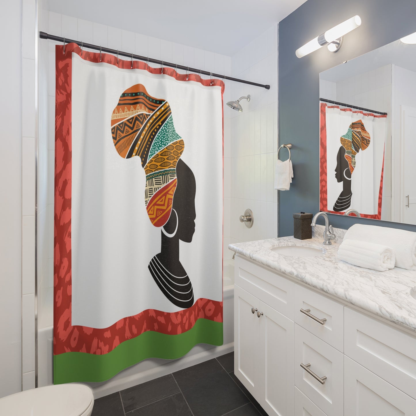 African Heritage Shower Curtain - Elegant Black Woman with Afrocentric Design
