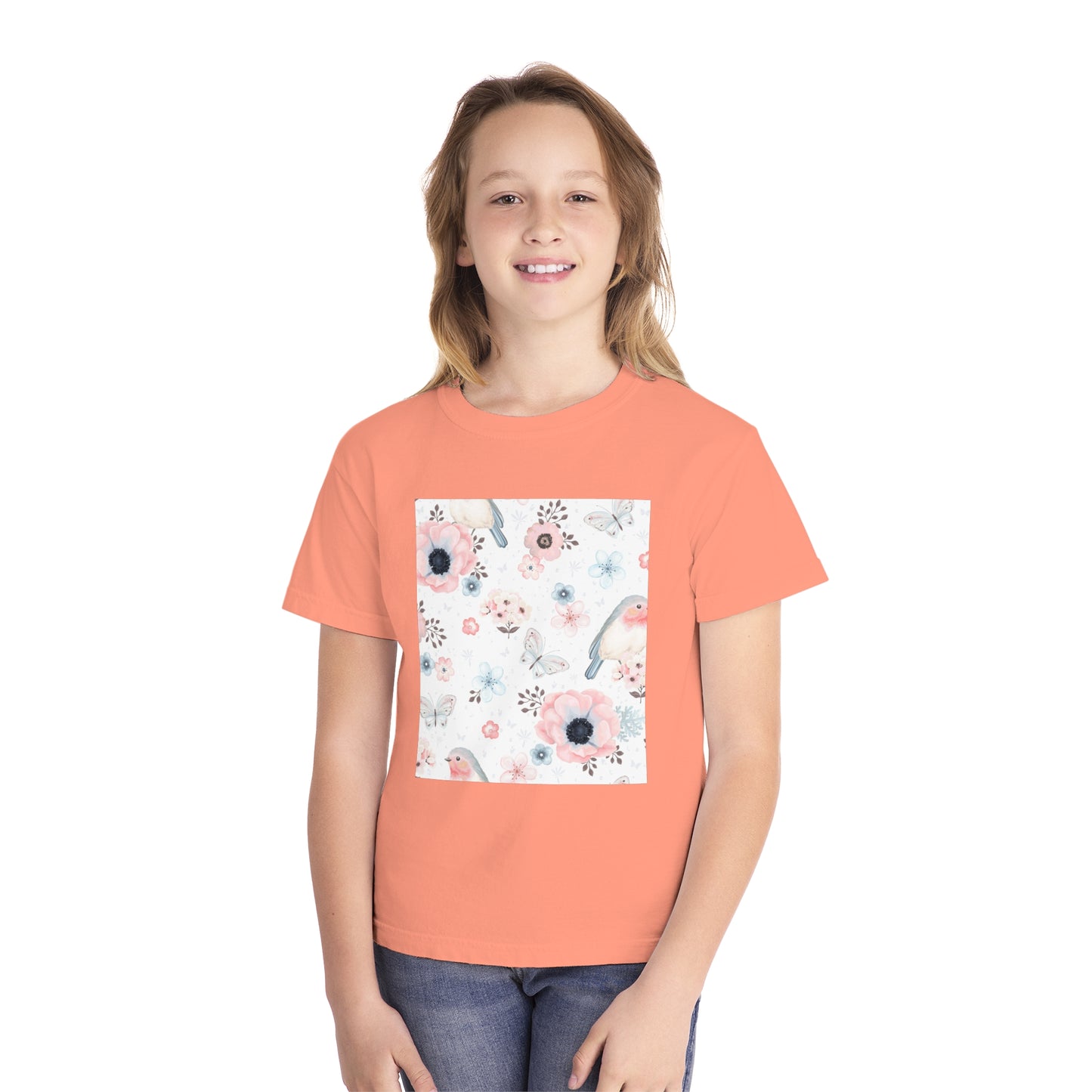 Floral Bird Youth Tee - Soft Midweight T-Shirt for Nature Lovers