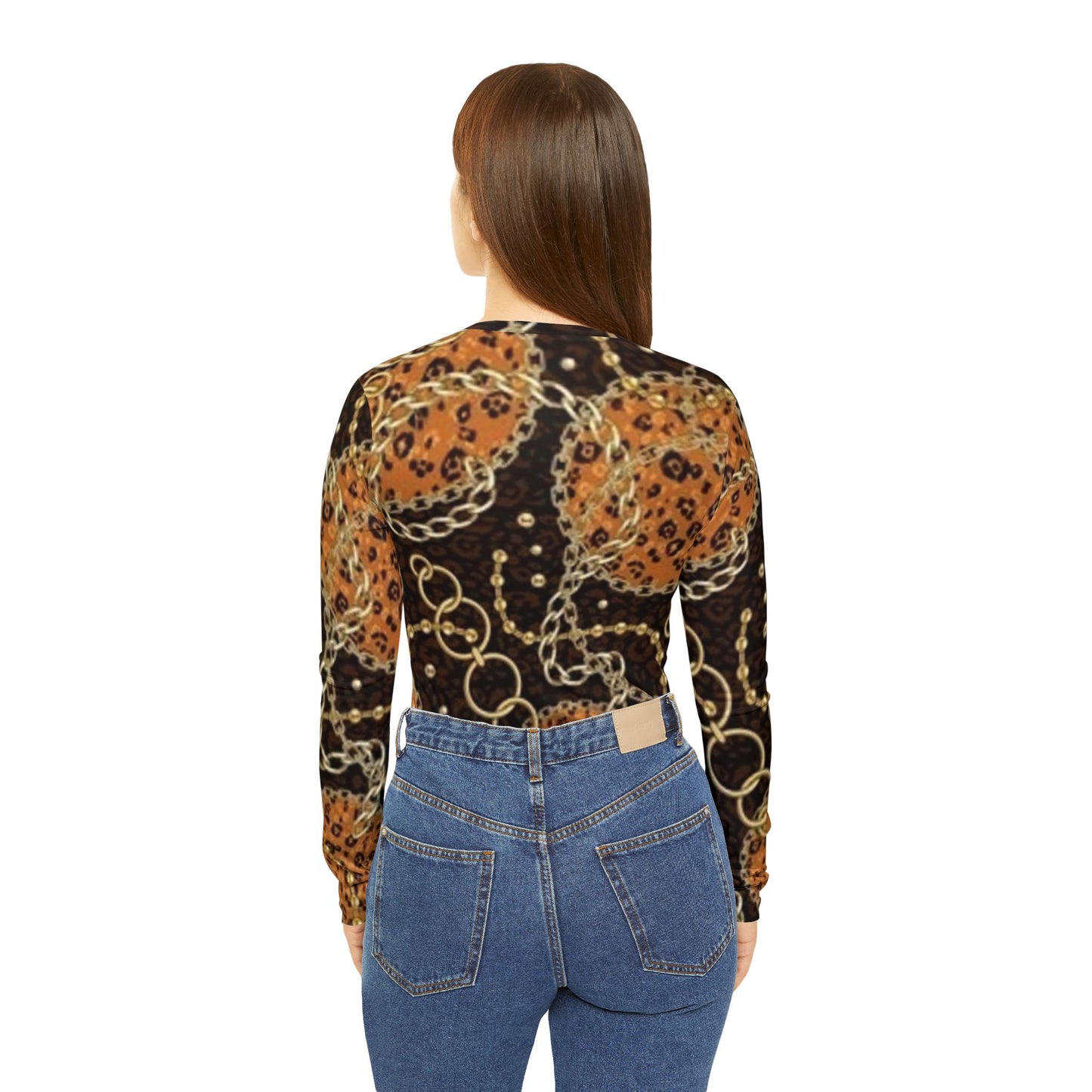 Chic Women's Long Sleeve V-Neck Shirt with Leopard Print & Gold Chain Design