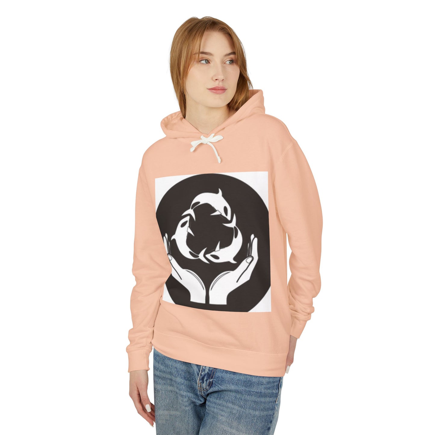 Eco-Friendly Unisex Lightweight Hooded Sweatshirt - Hands and Fish Design