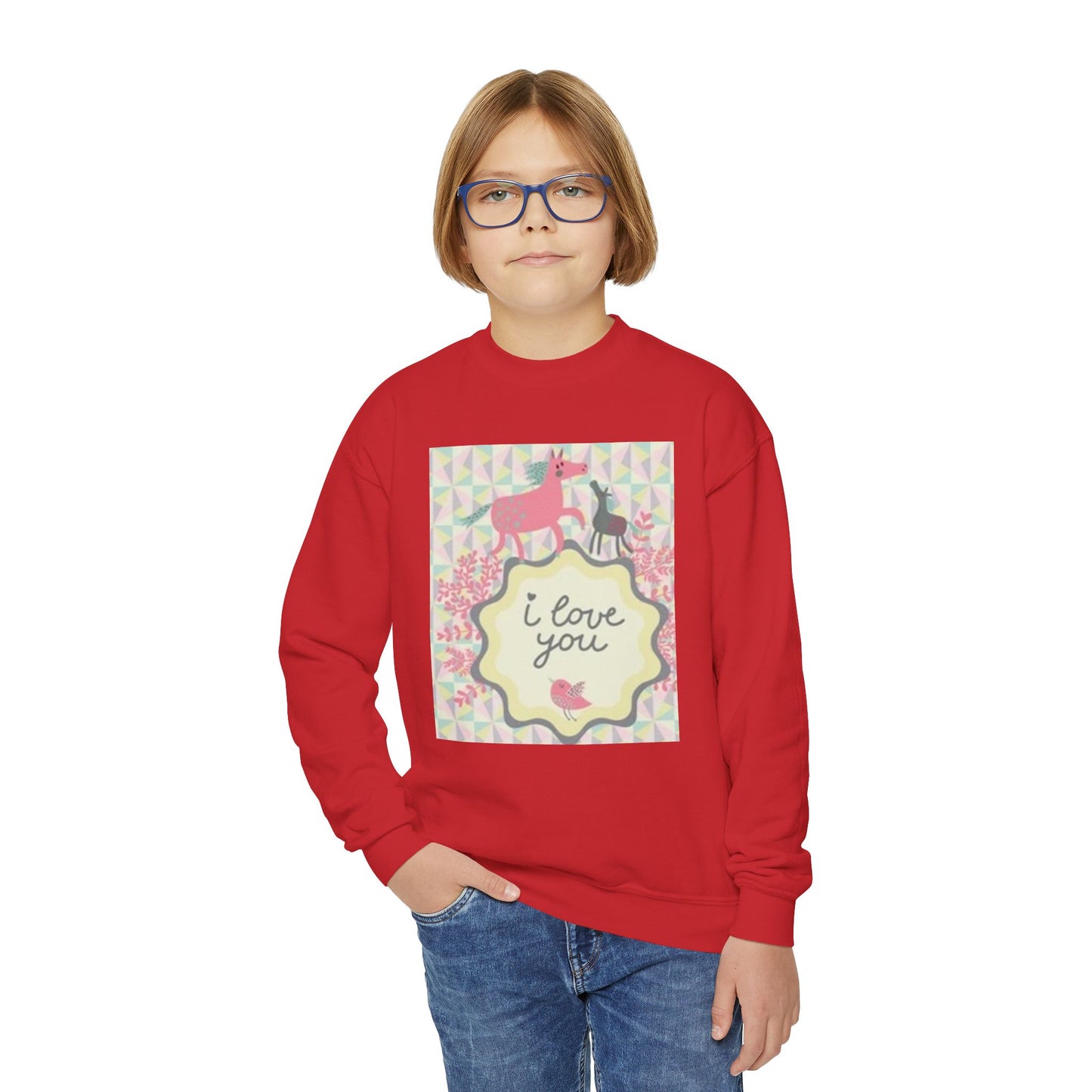 Youth Crewneck Sweatshirt with "I Love You" Unicorn Design